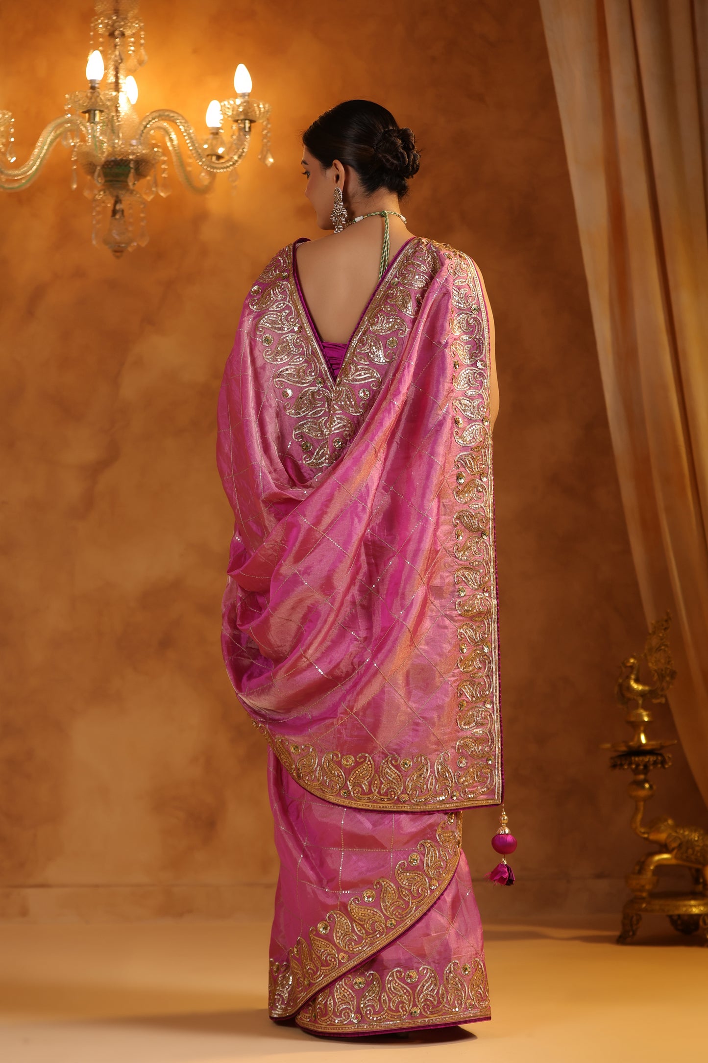 Gulnar Pink Katan Tissue Silk Saree Set