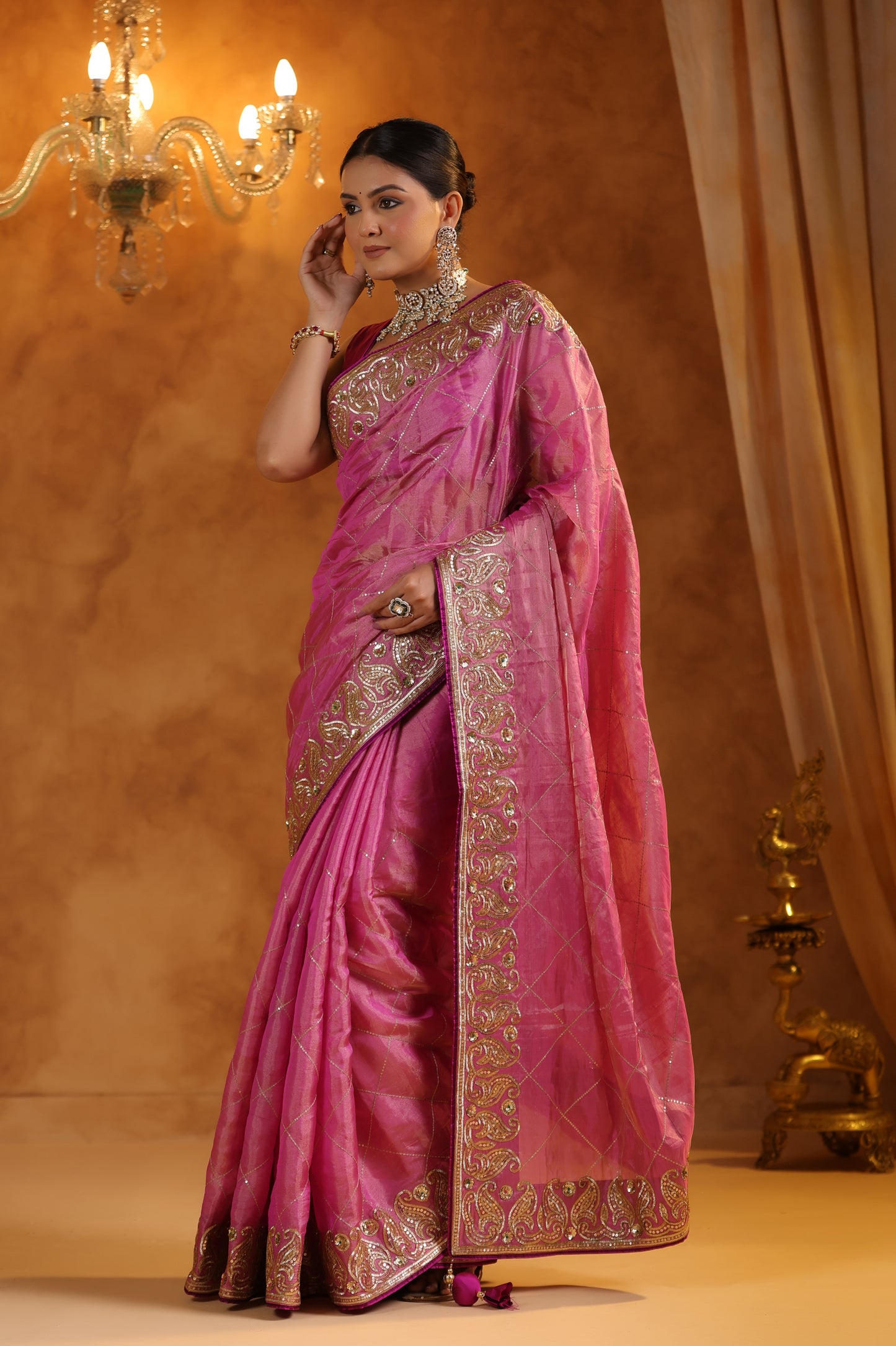 Gulnar Pink Katan Tissue Silk Saree Set