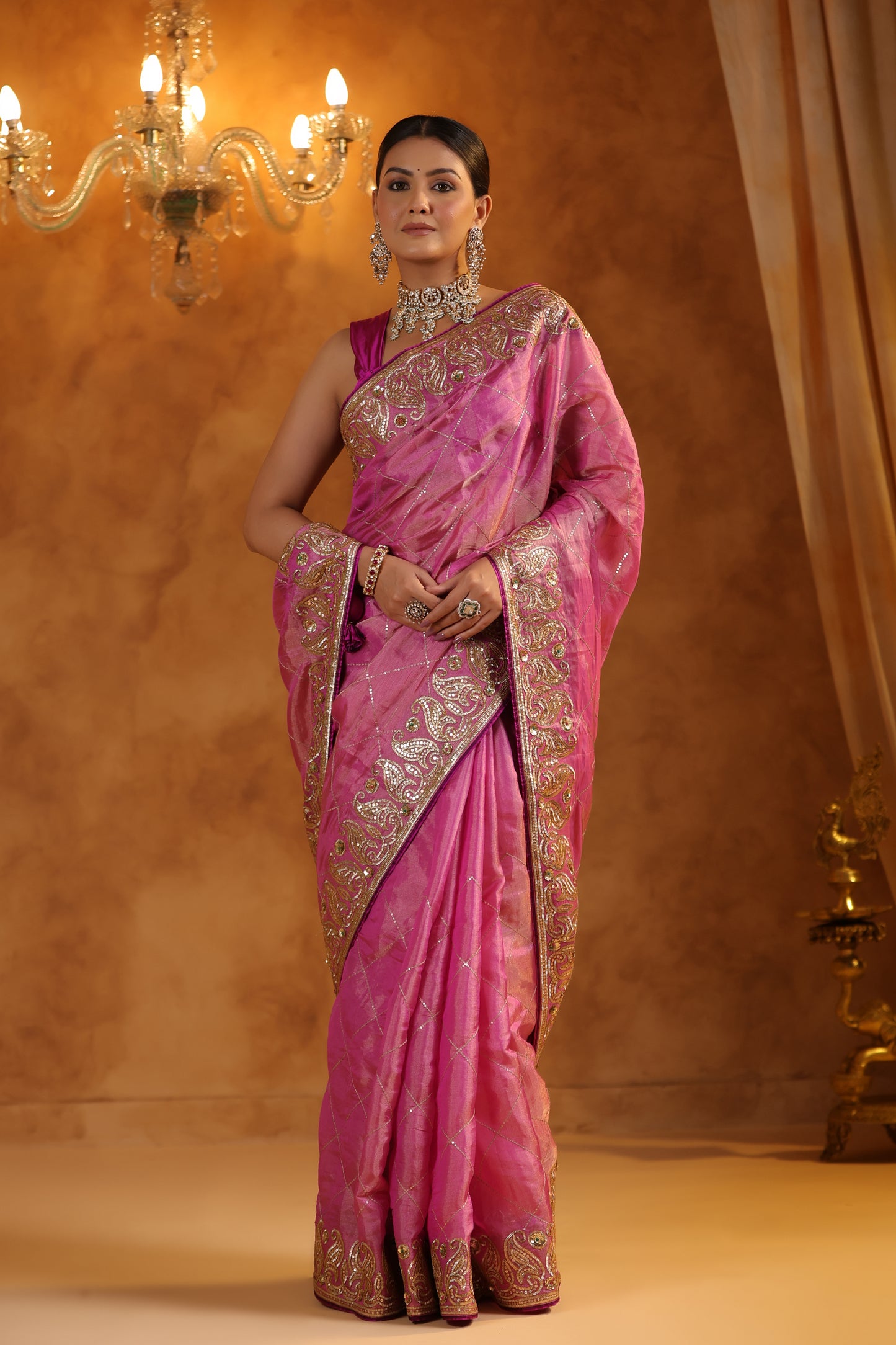 Gulnar Pink Katan Tissue Silk Saree Set