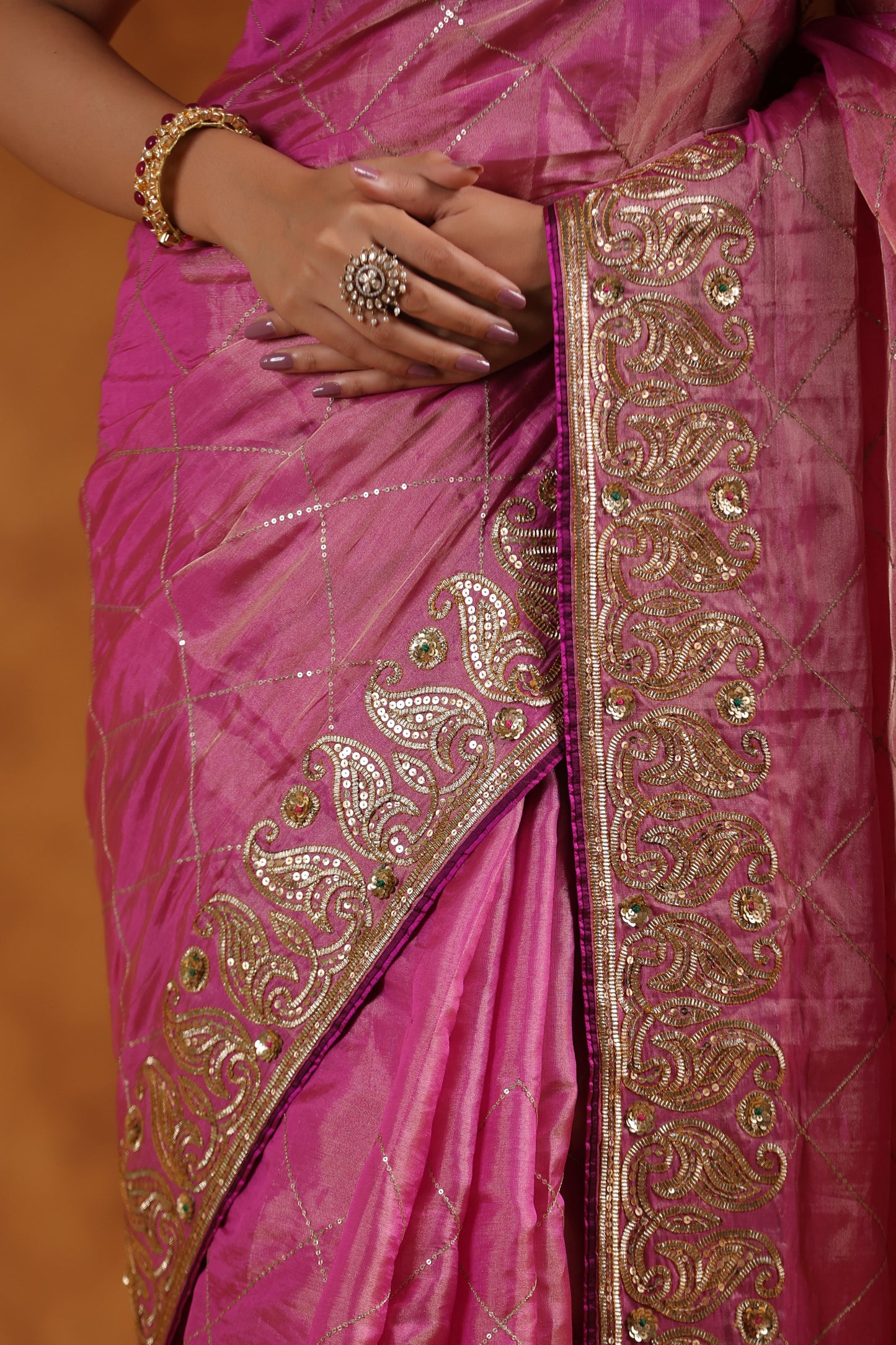 Gulnar Pink Katan Tissue Silk Saree Set