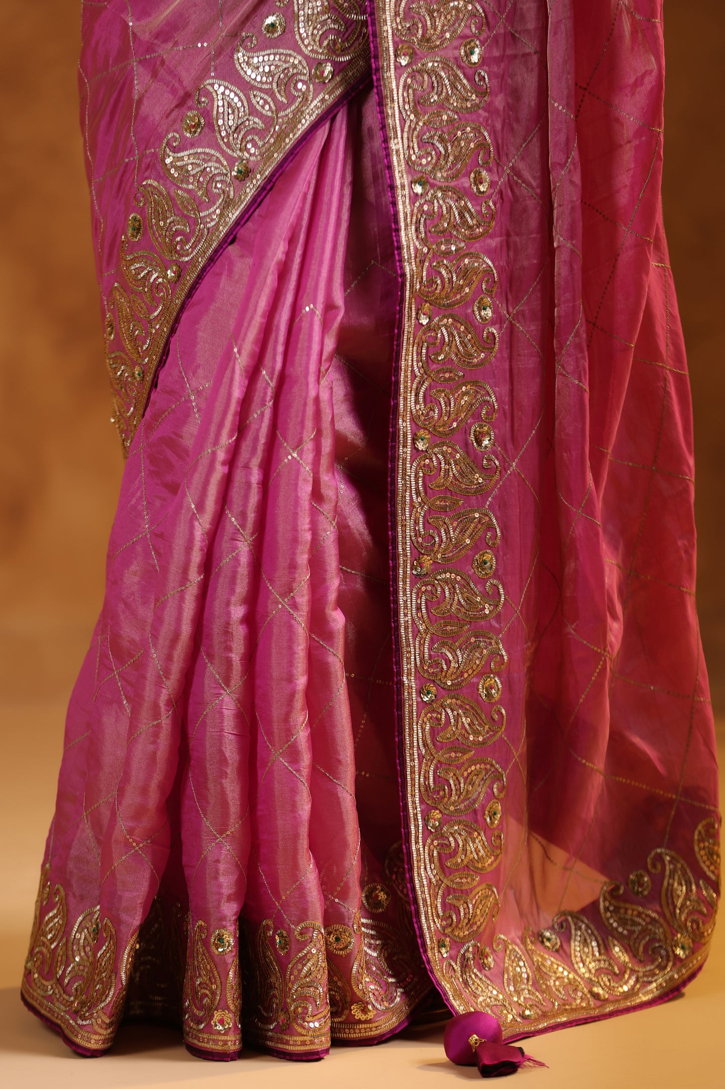 Gulnar Pink Katan Tissue Silk Saree Set