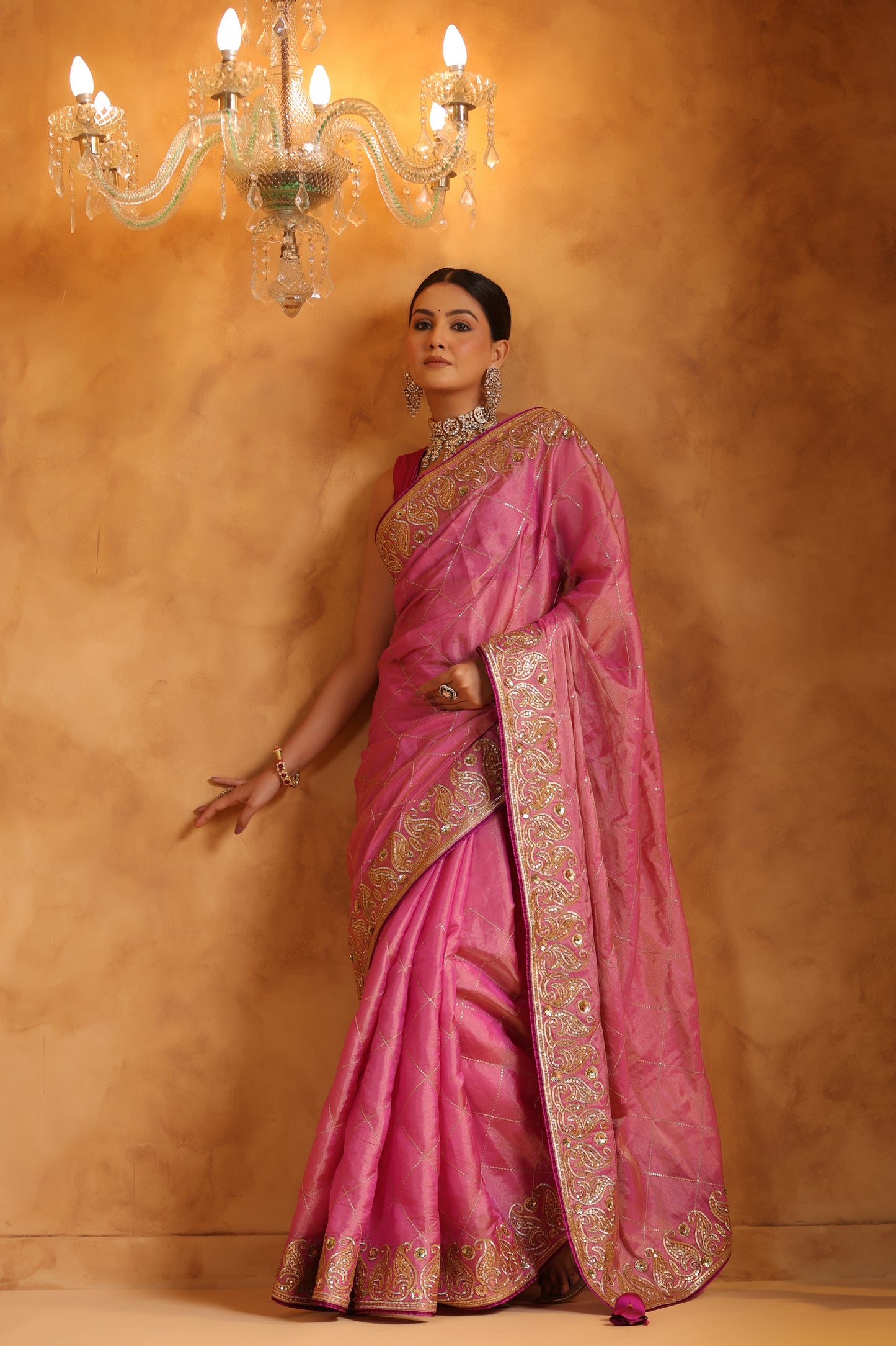 Gulnar Pink Katan Tissue Silk Saree Set