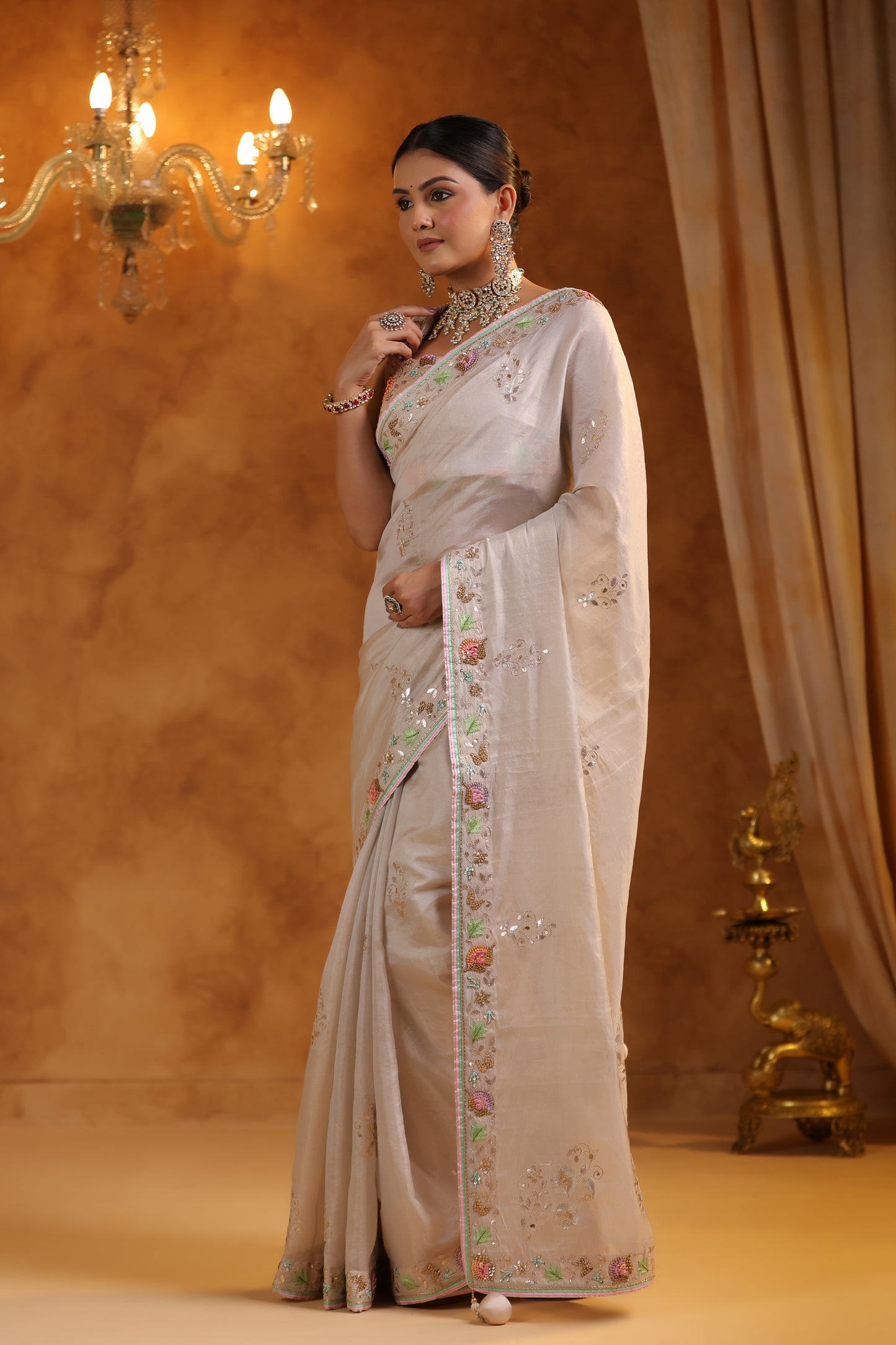 Champagne Bliss Katan Tissue Silk Saree Set