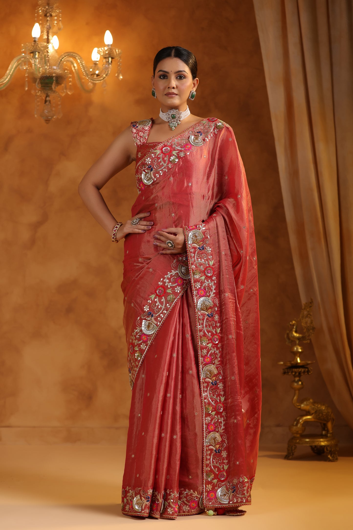 Terra Cotta Katan Silk Tissue Saree Set