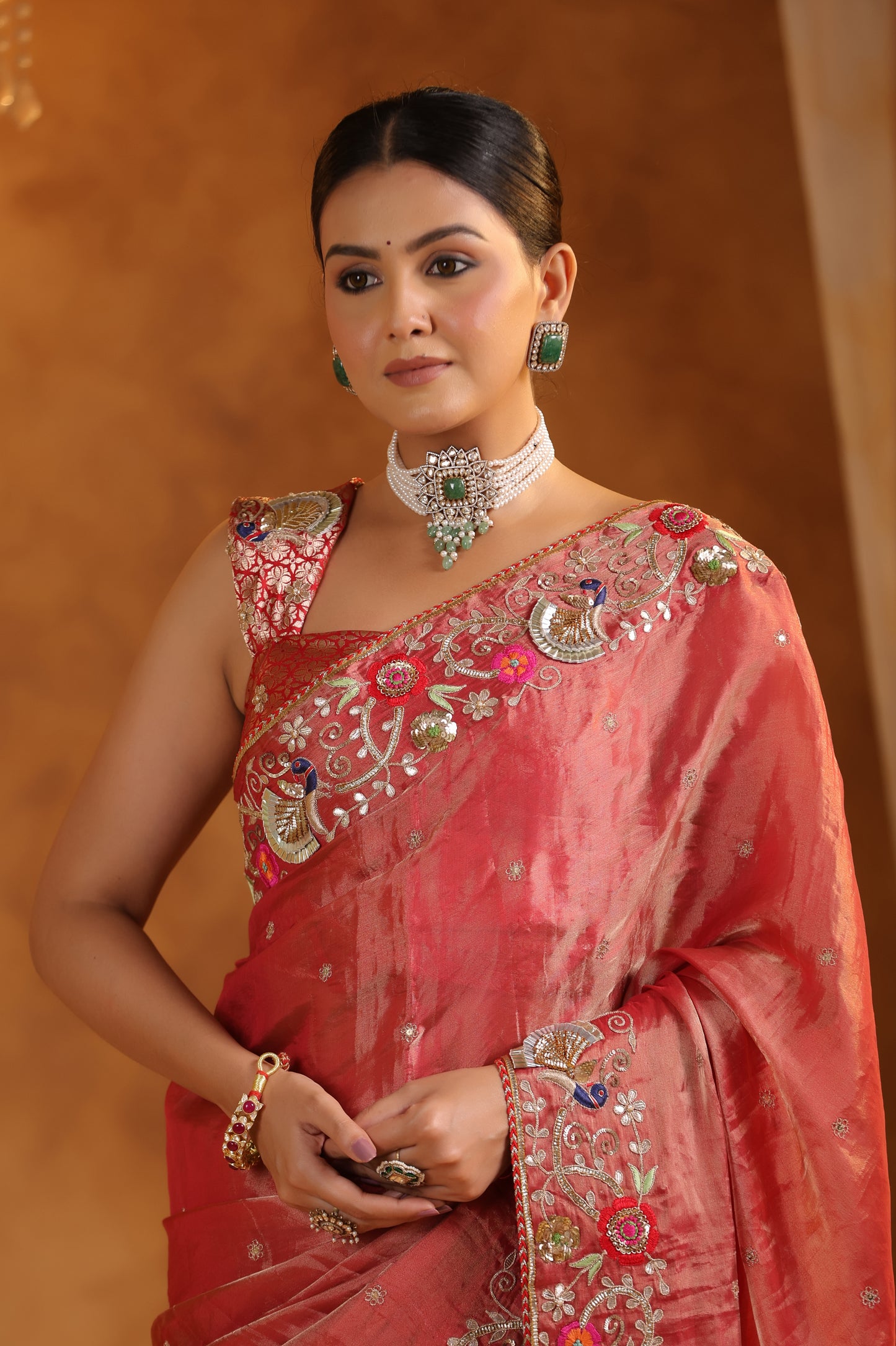Terra Cotta Katan Silk Tissue Saree Set