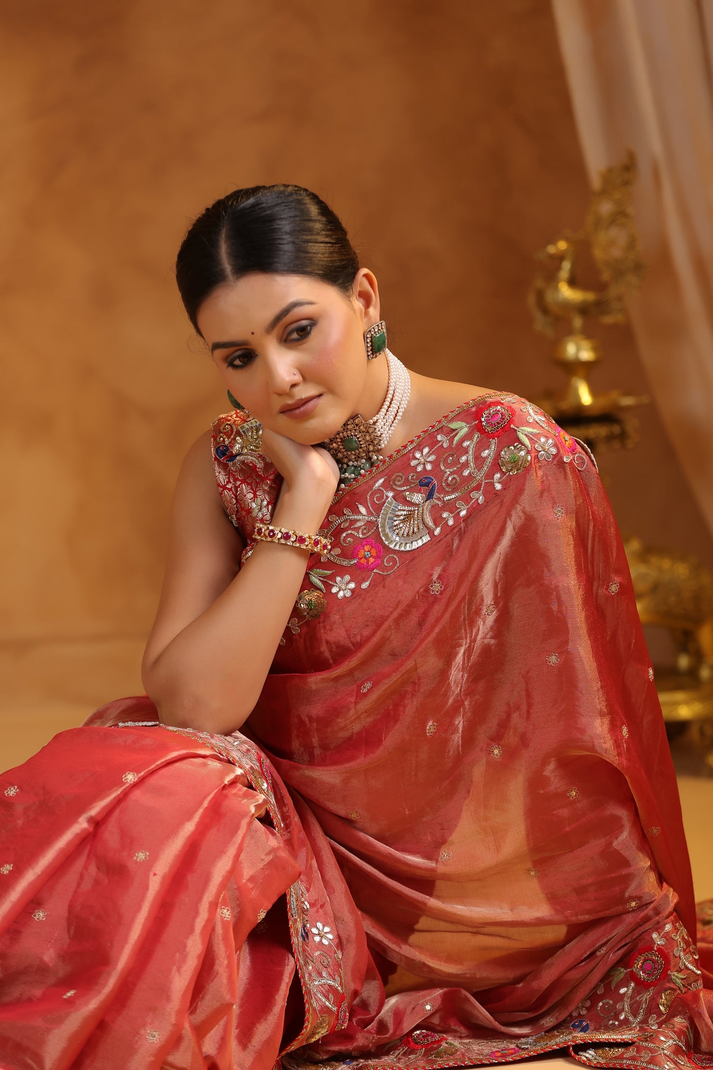 Terra Cotta Katan Silk Tissue Saree Set