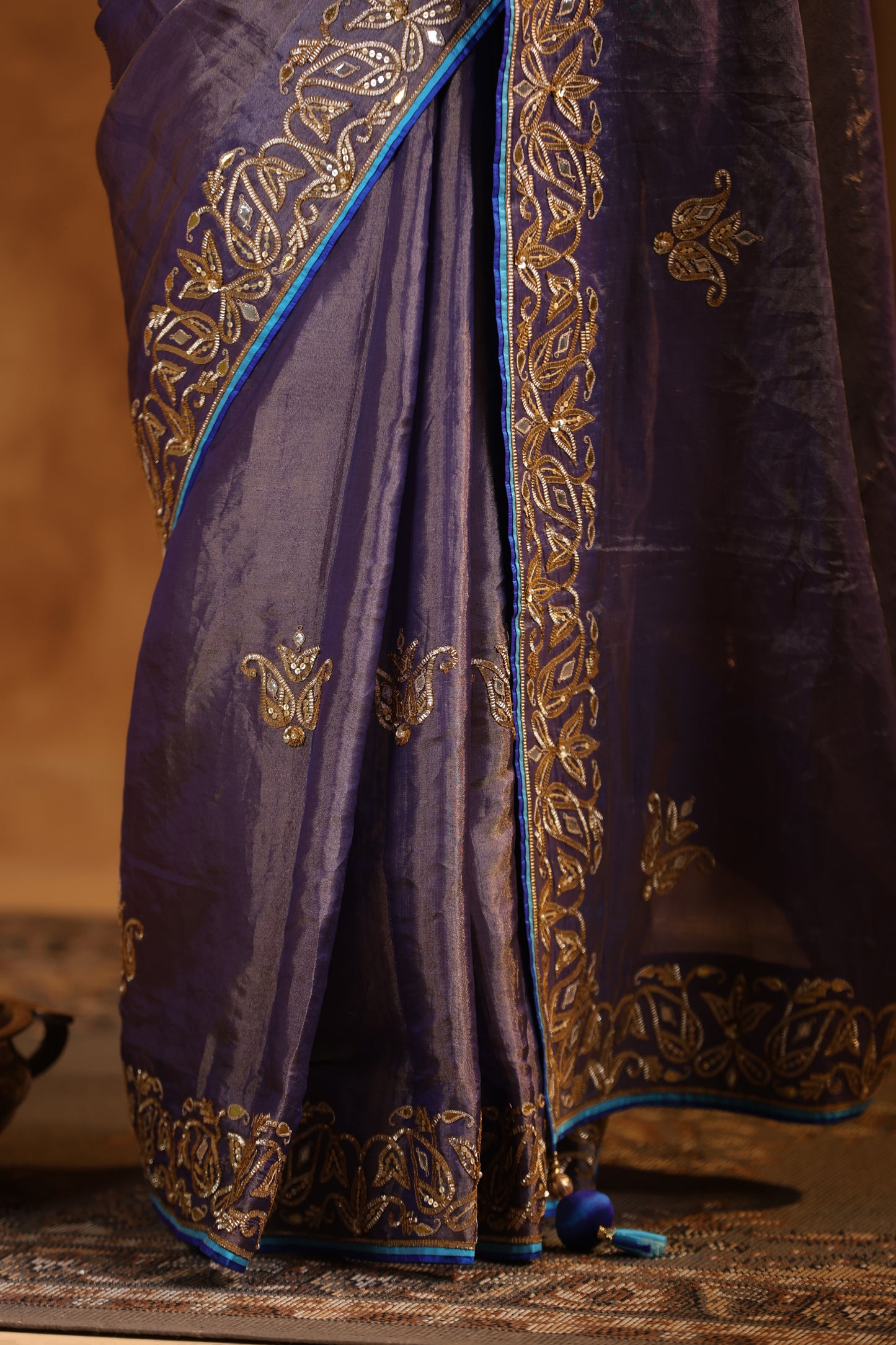 Violet Sapphire Bloom Katan Silk Tissue Saree Set