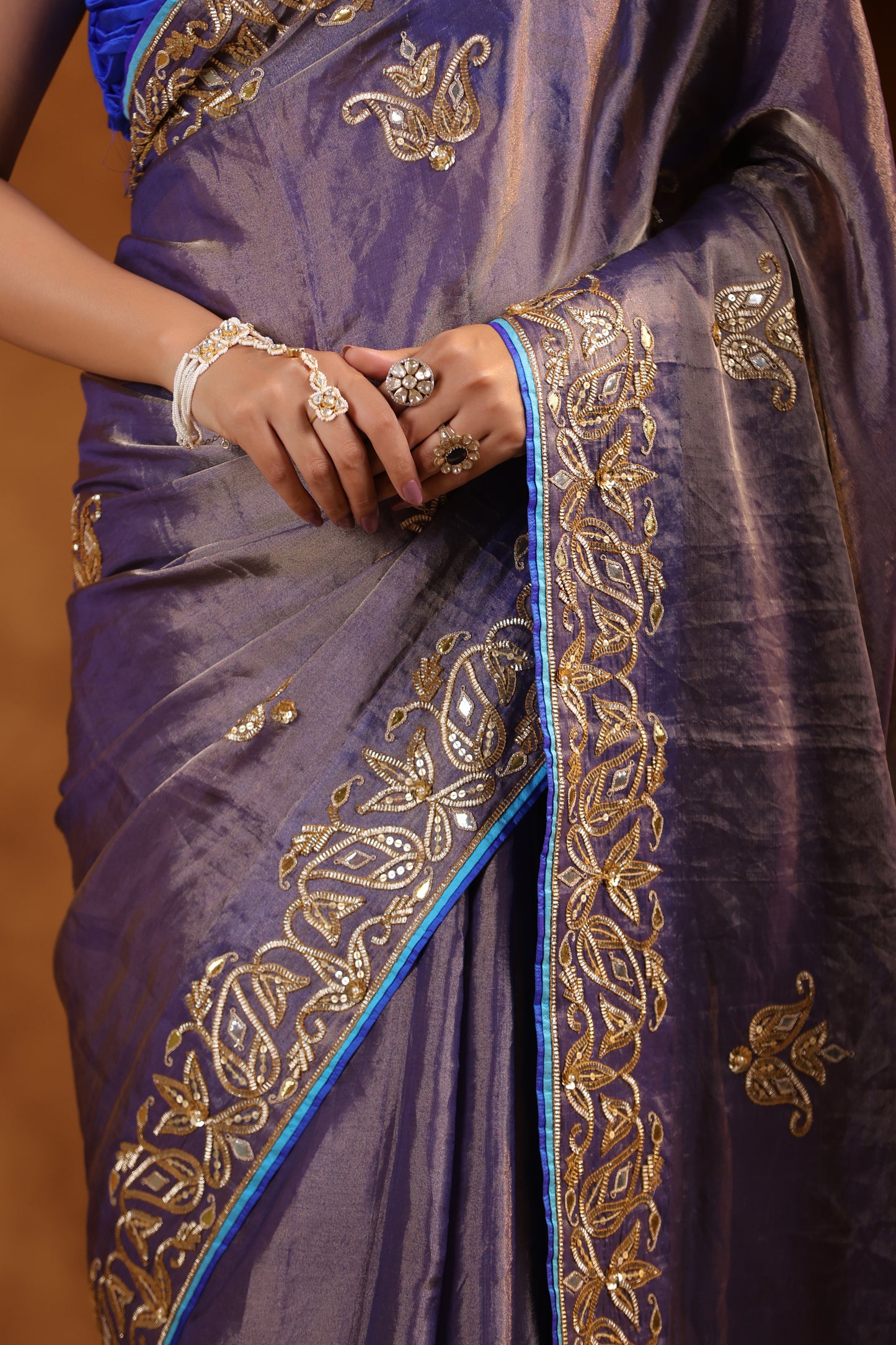 Violet Sapphire Bloom Katan Silk Tissue Saree Set