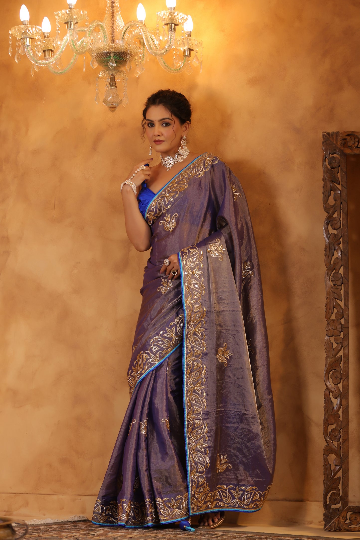 Violet Sapphire Bloom Katan Silk Tissue Saree Set