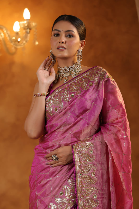 Gulnar Pink Katan Tissue Silk Saree Set