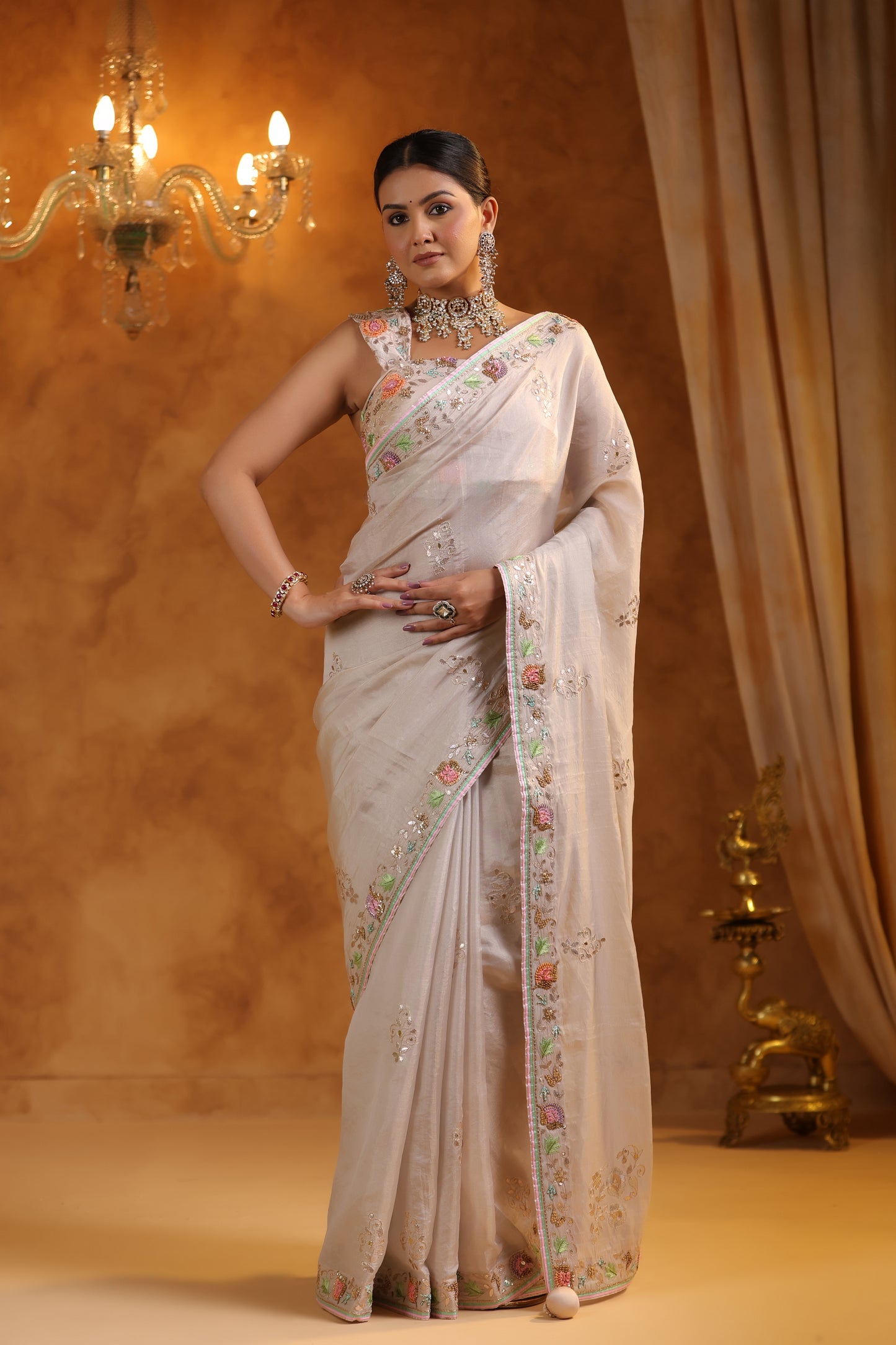 Champagne Bliss Katan Tissue Silk Saree Set