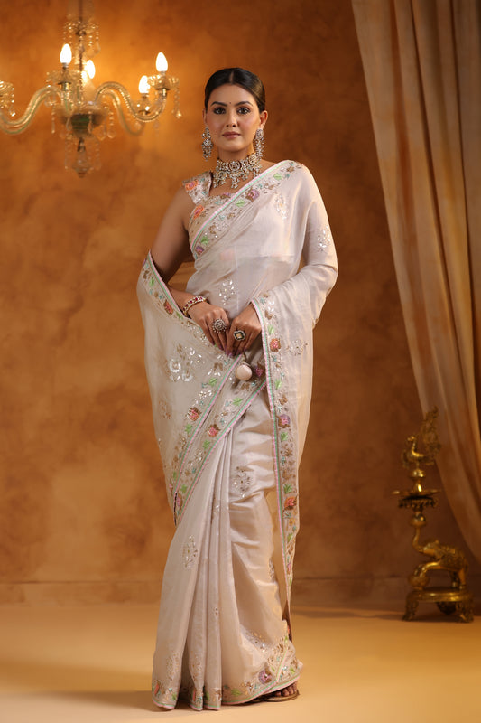 Champagne Bliss Katan Tissue Silk Saree Set