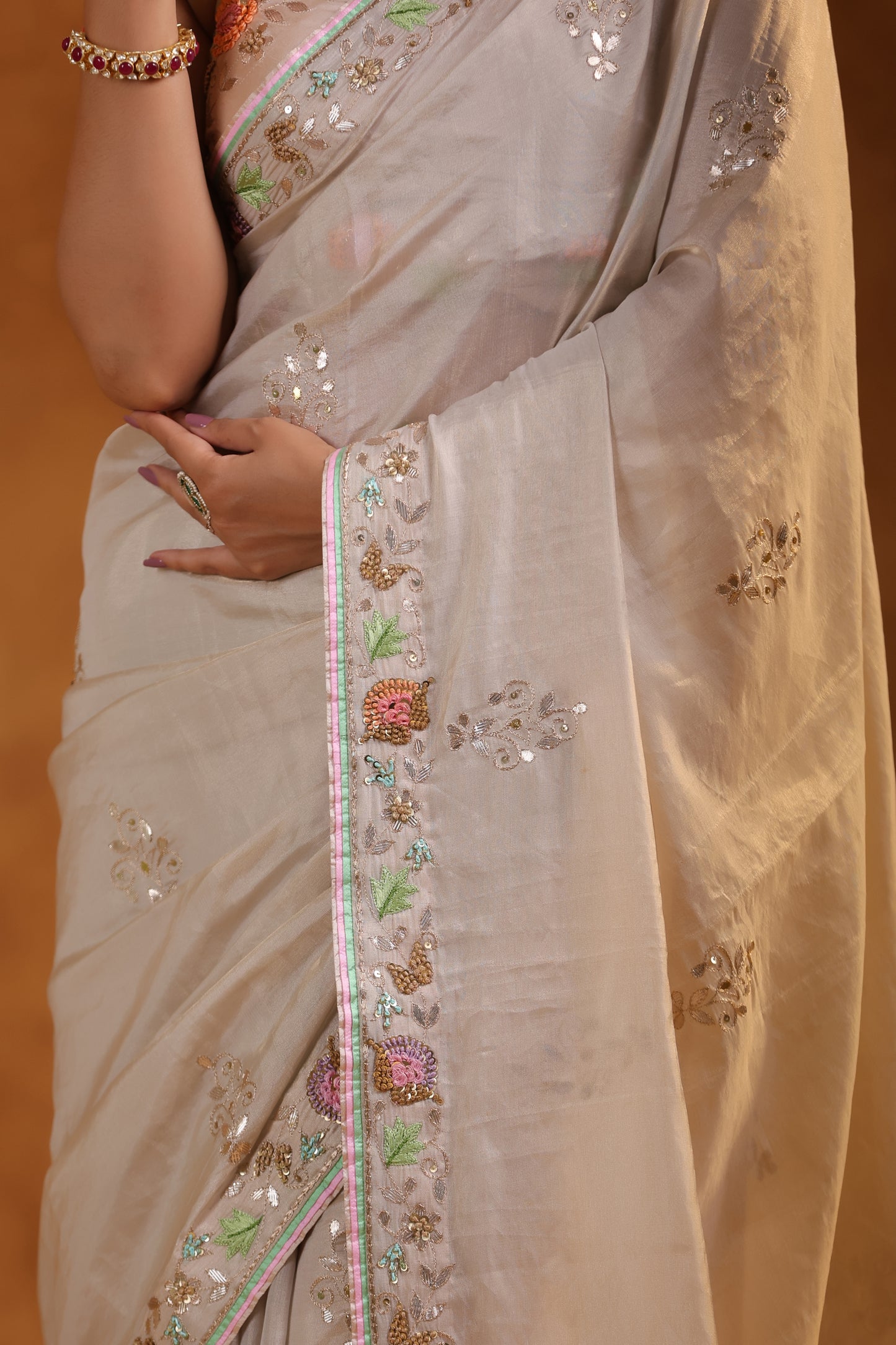 Champagne Bliss Katan Tissue Silk Saree Set