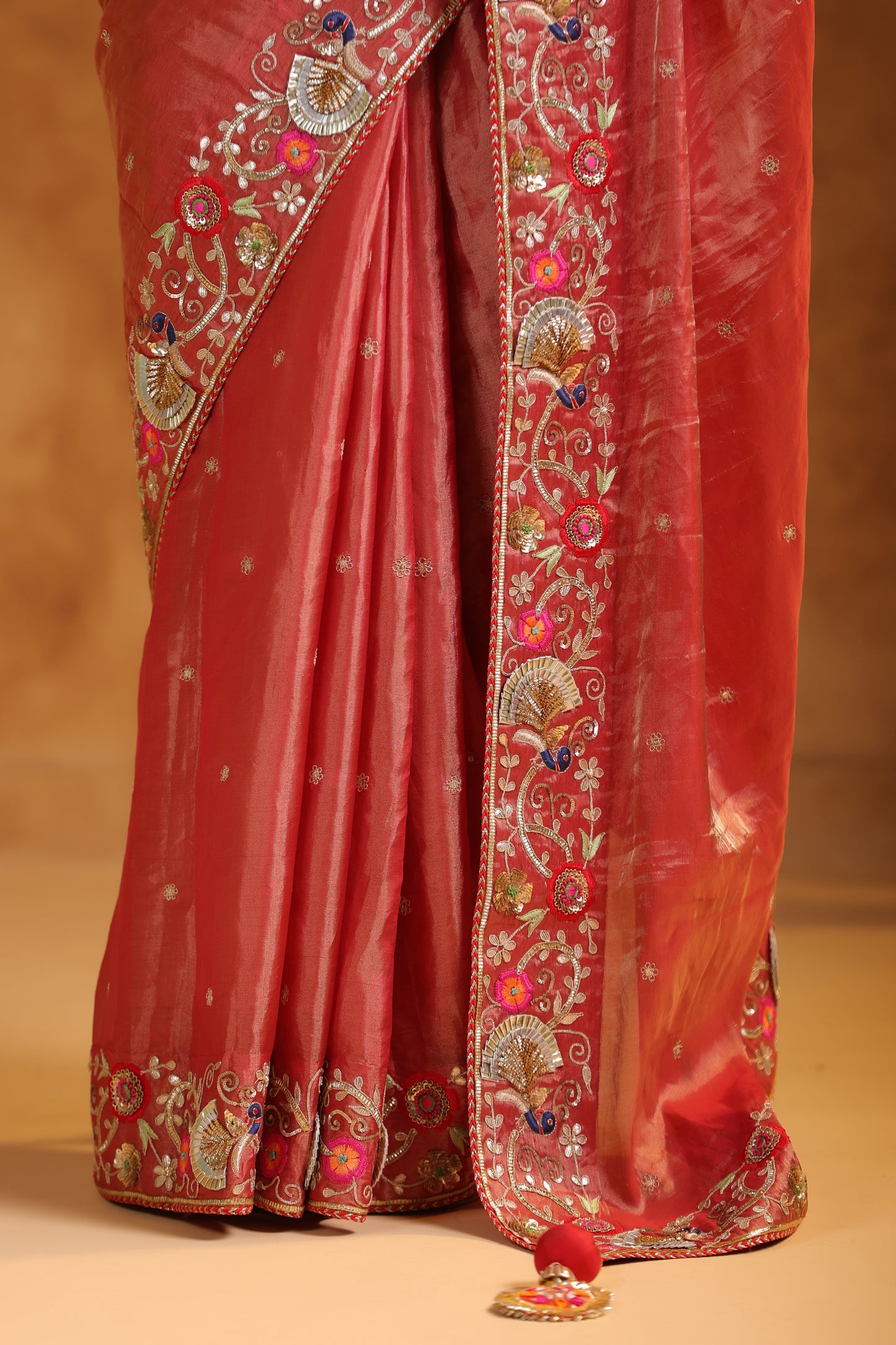 Terra Cotta Katan Silk Tissue Saree Set