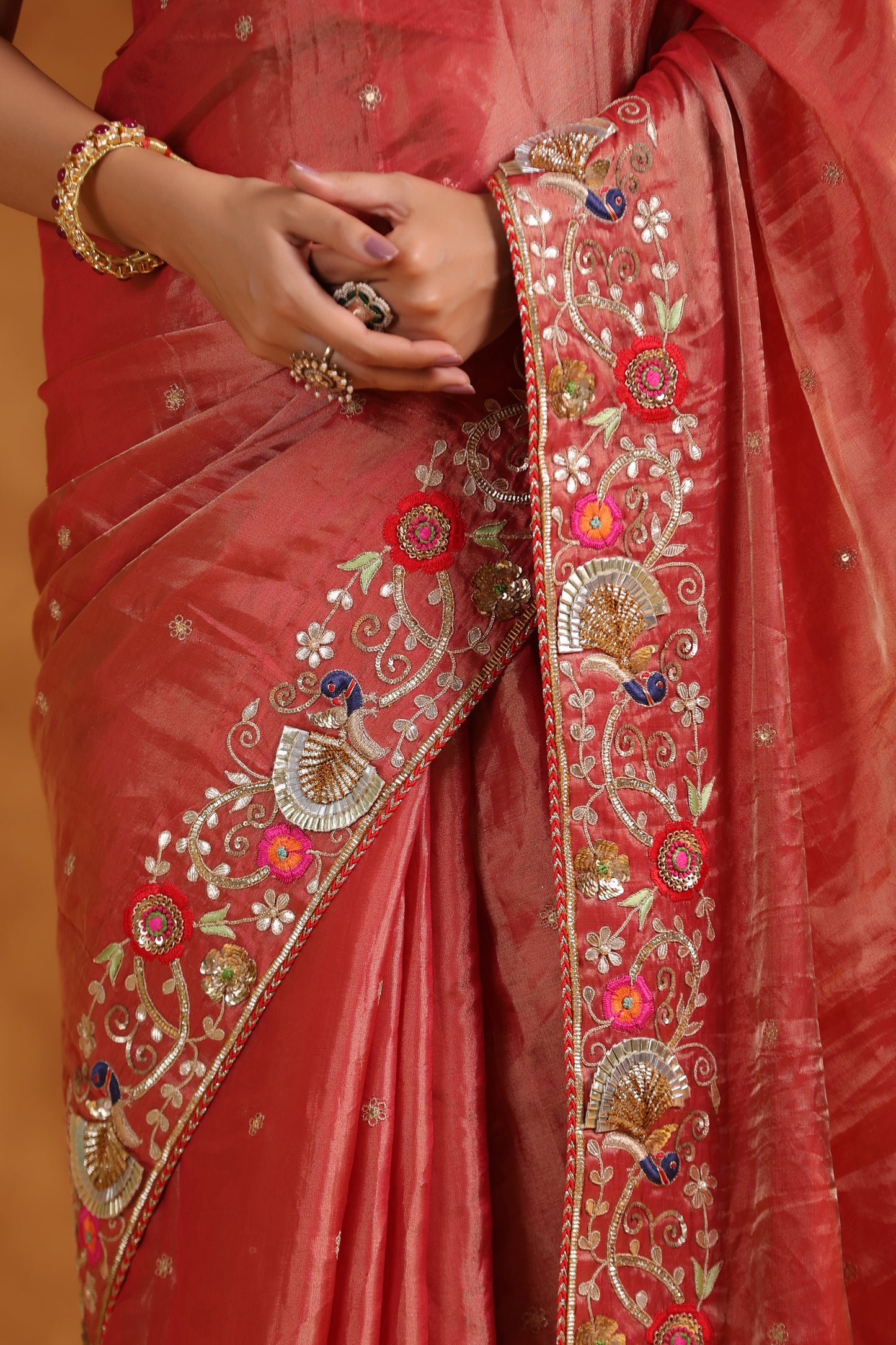 Terra Cotta Katan Silk Tissue Saree Set