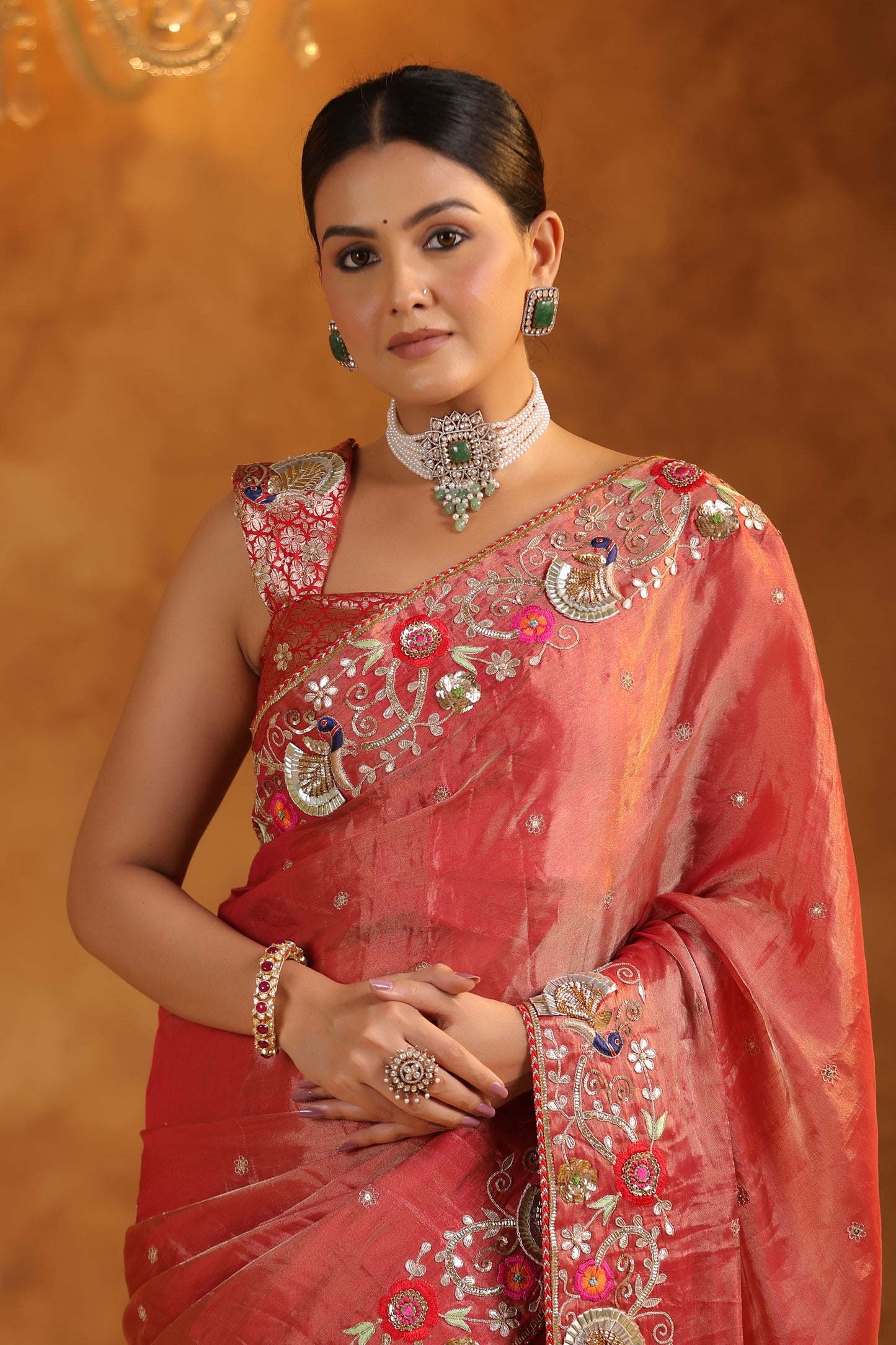 Terra Cotta Katan Silk Tissue Saree Set