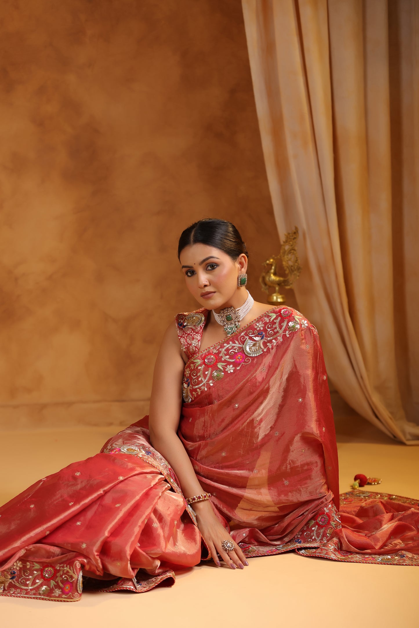 Terra Cotta Katan Silk Tissue Saree Set