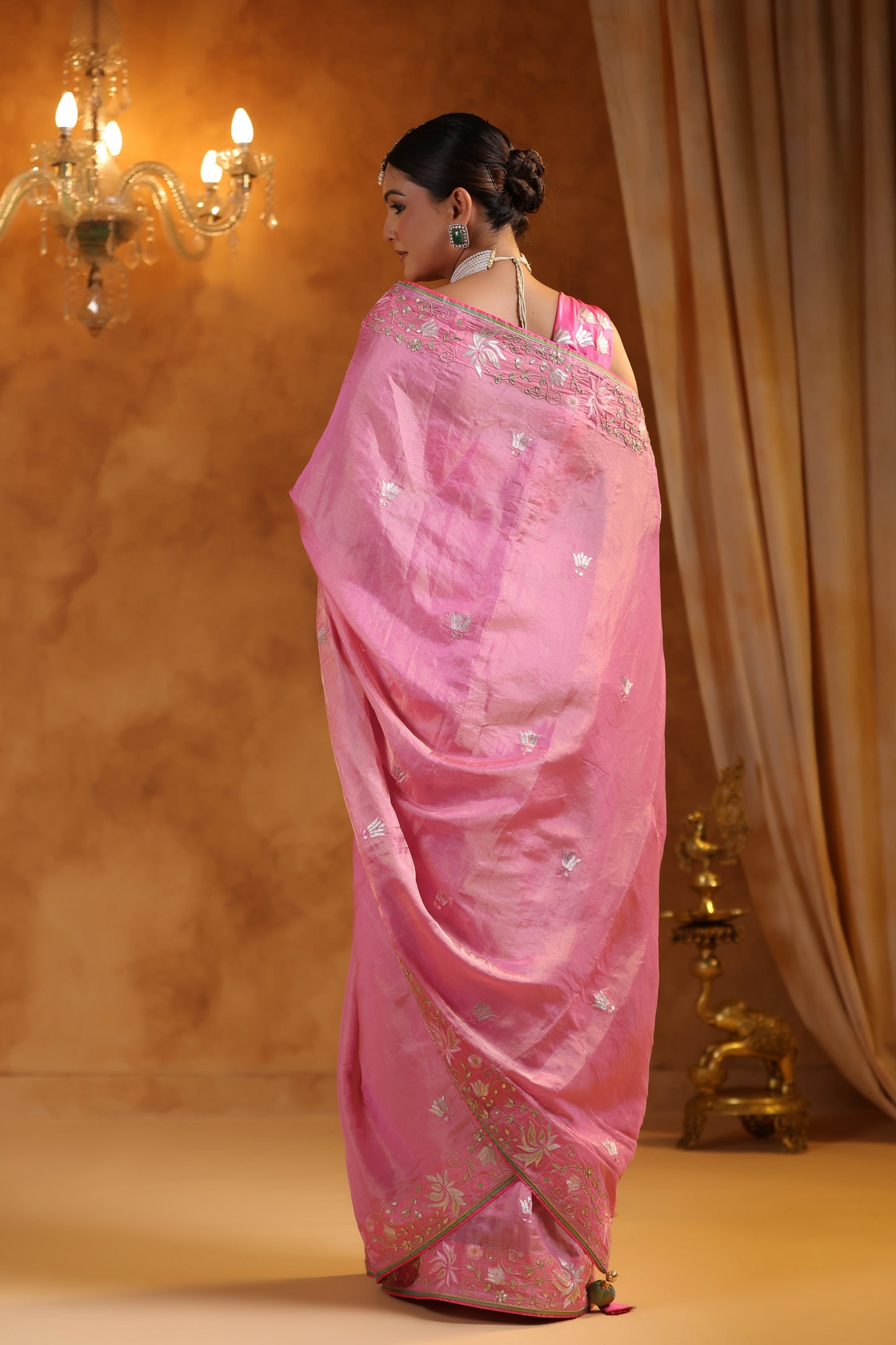 Flamingo Pink Katan Silk Tissue Saree