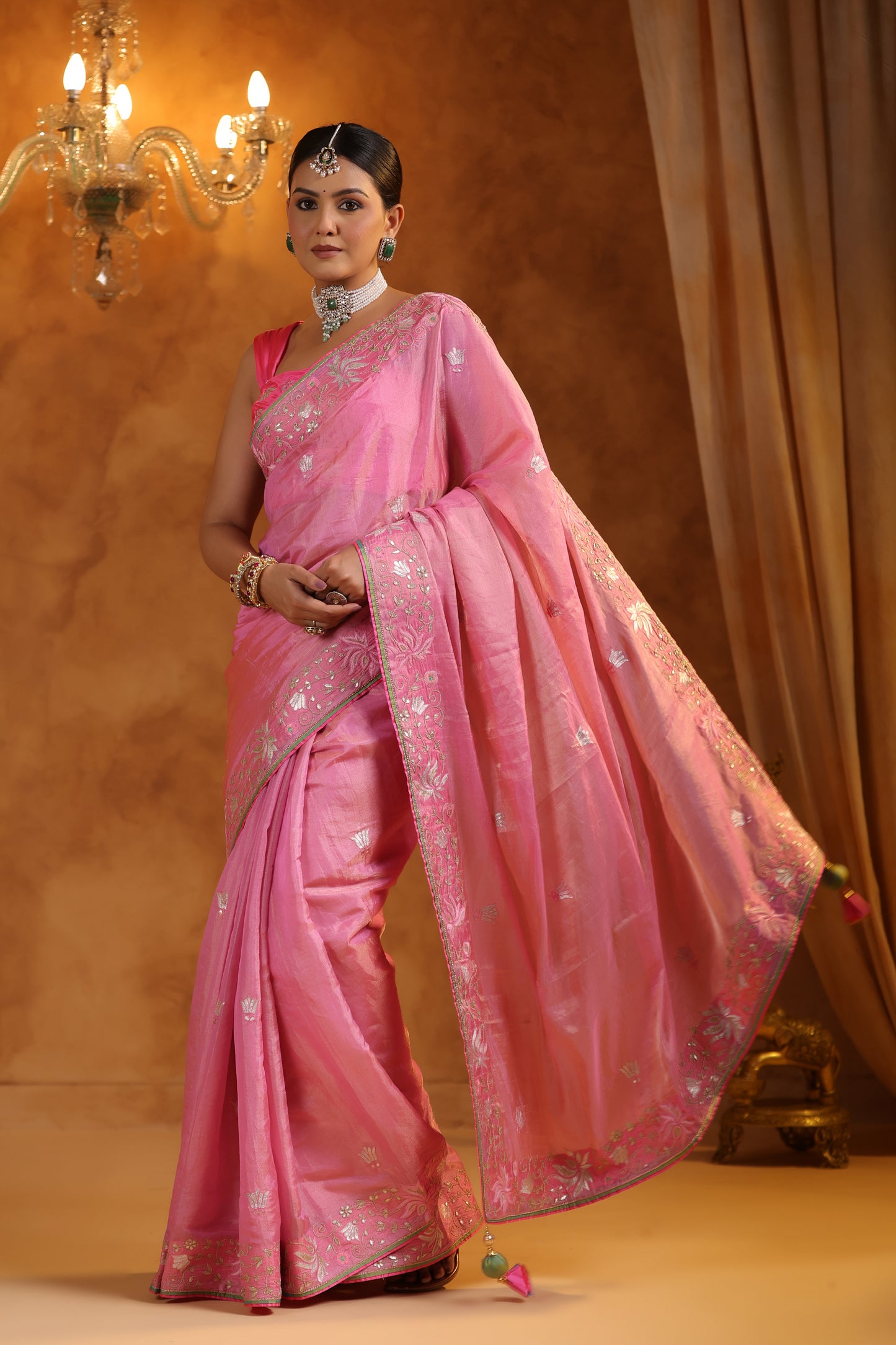 Flamingo Pink Katan Silk Tissue Saree