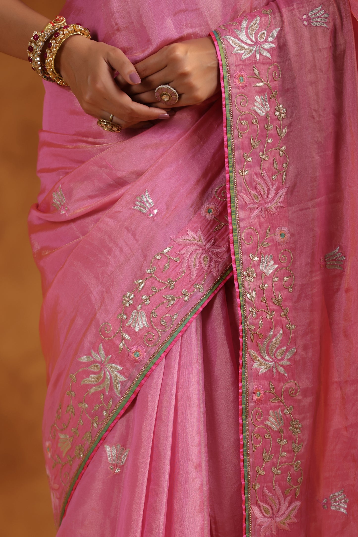 Flamingo Pink Katan Silk Tissue Saree