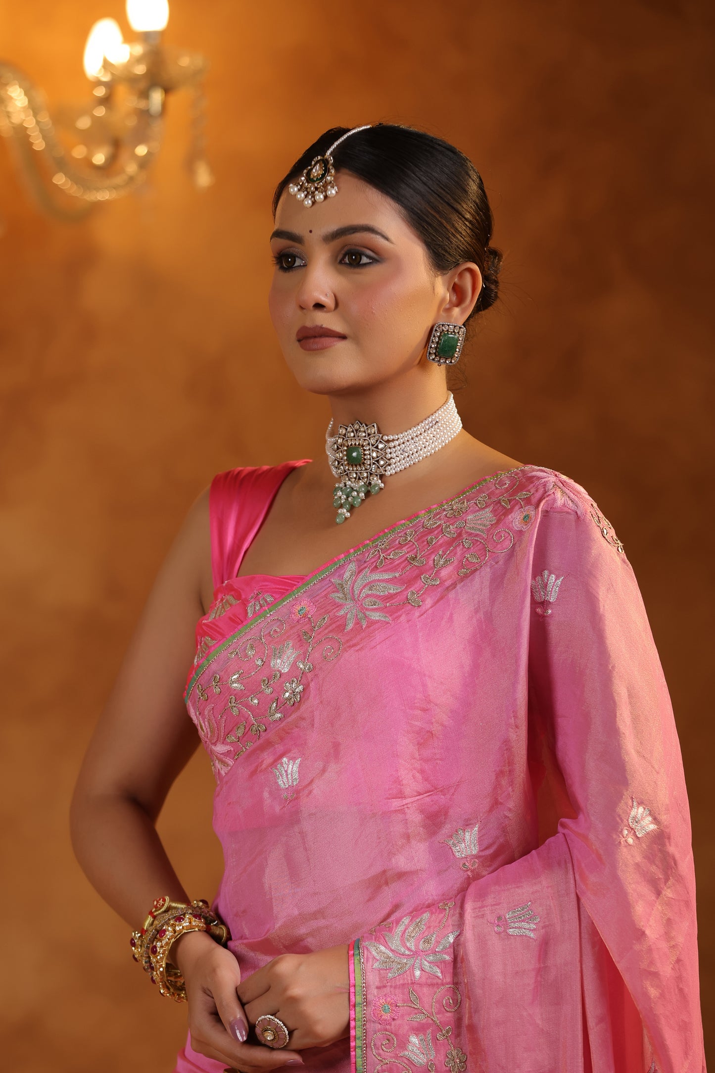 Flamingo Pink Katan Silk Tissue Saree