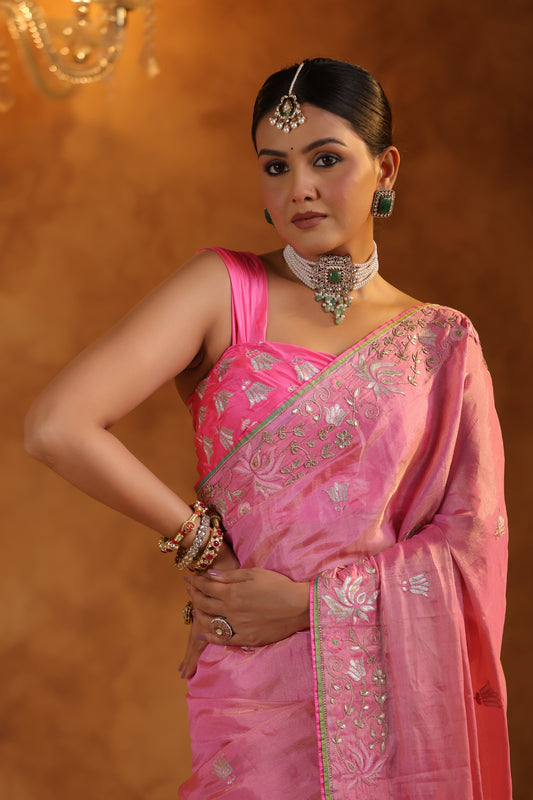 Flamingo Pink Katan Silk Tissue Saree