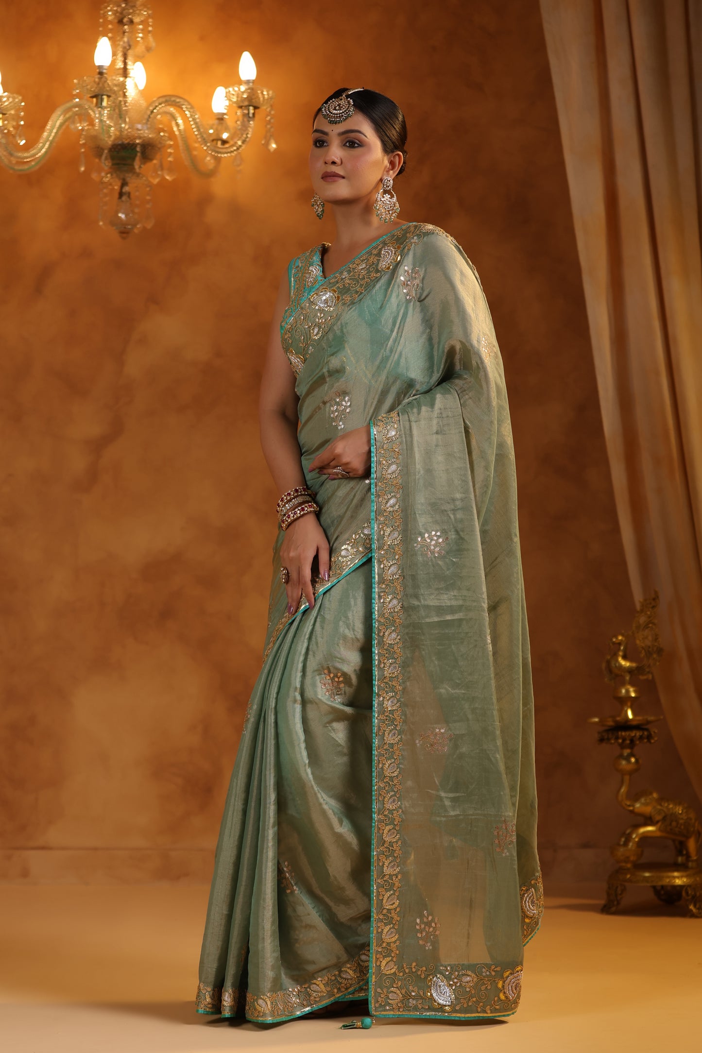 Aqua Katan Silk Tissue Saree Set