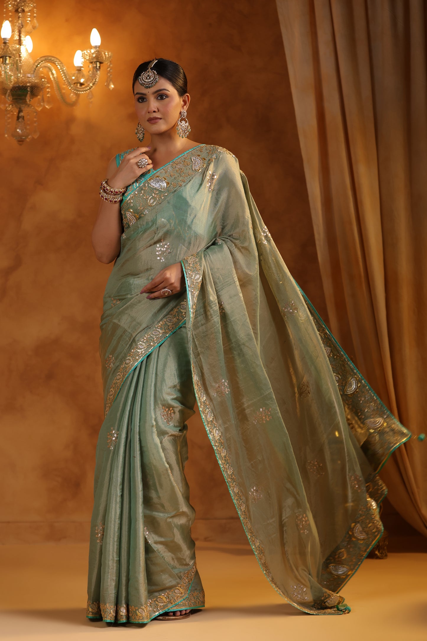 Aqua Katan Silk Tissue Saree Set