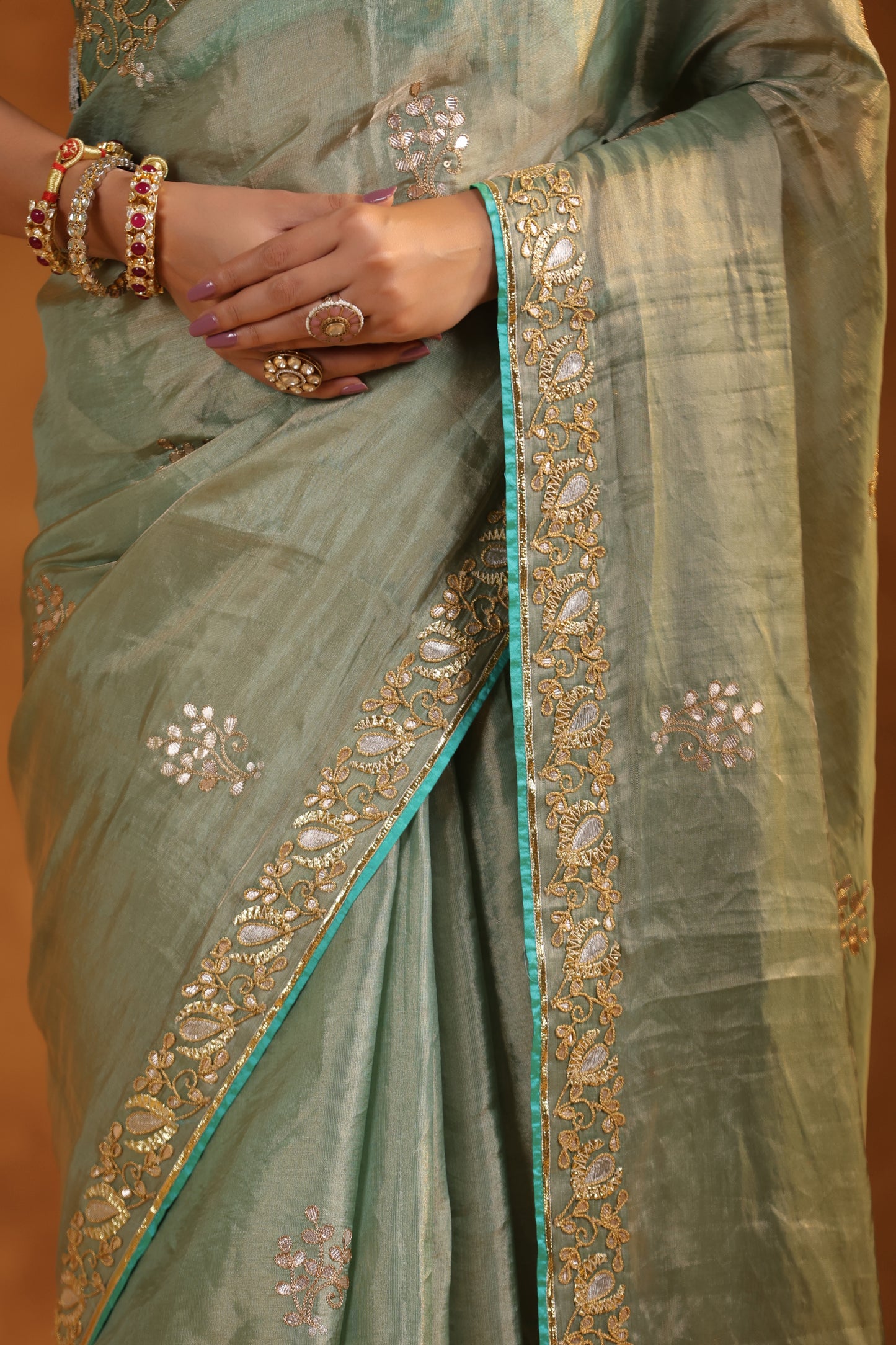 Aqua Katan Silk Tissue Saree Set