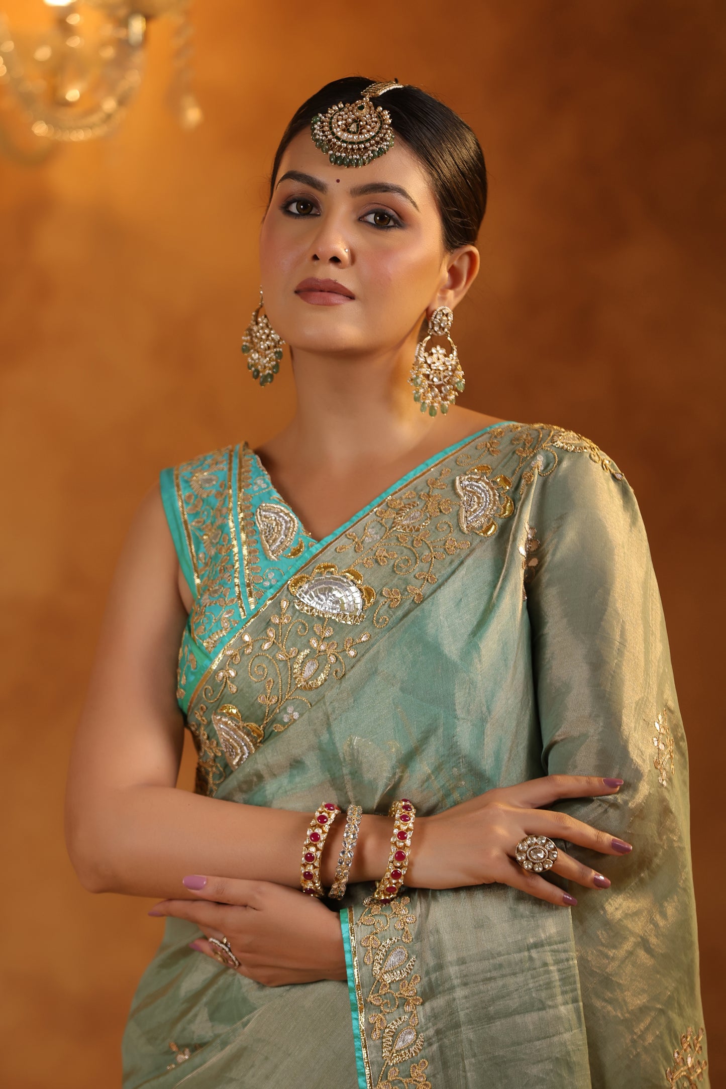 Aqua Katan Silk Tissue Saree Set