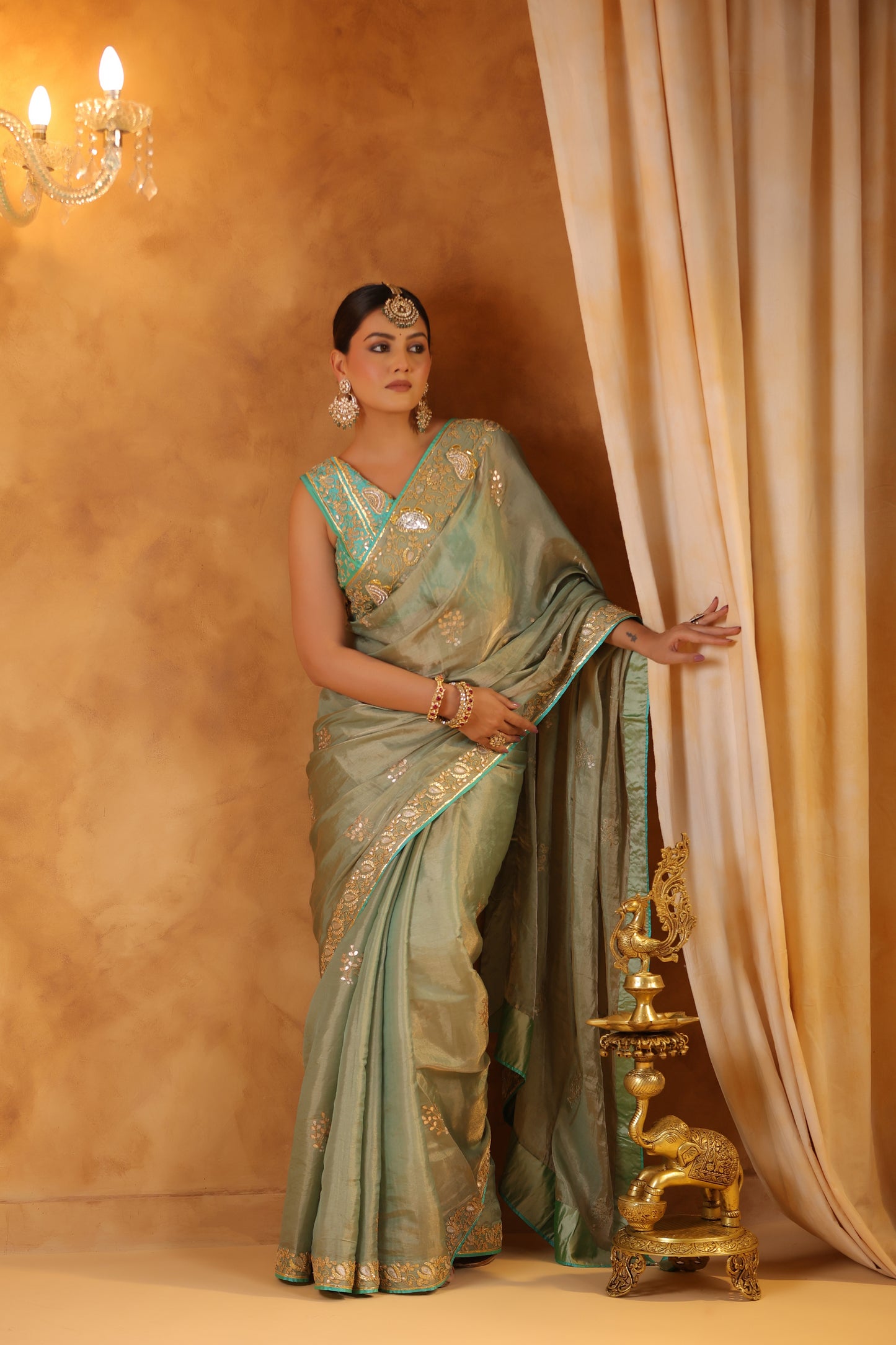 Aqua Katan Silk Tissue Saree Set