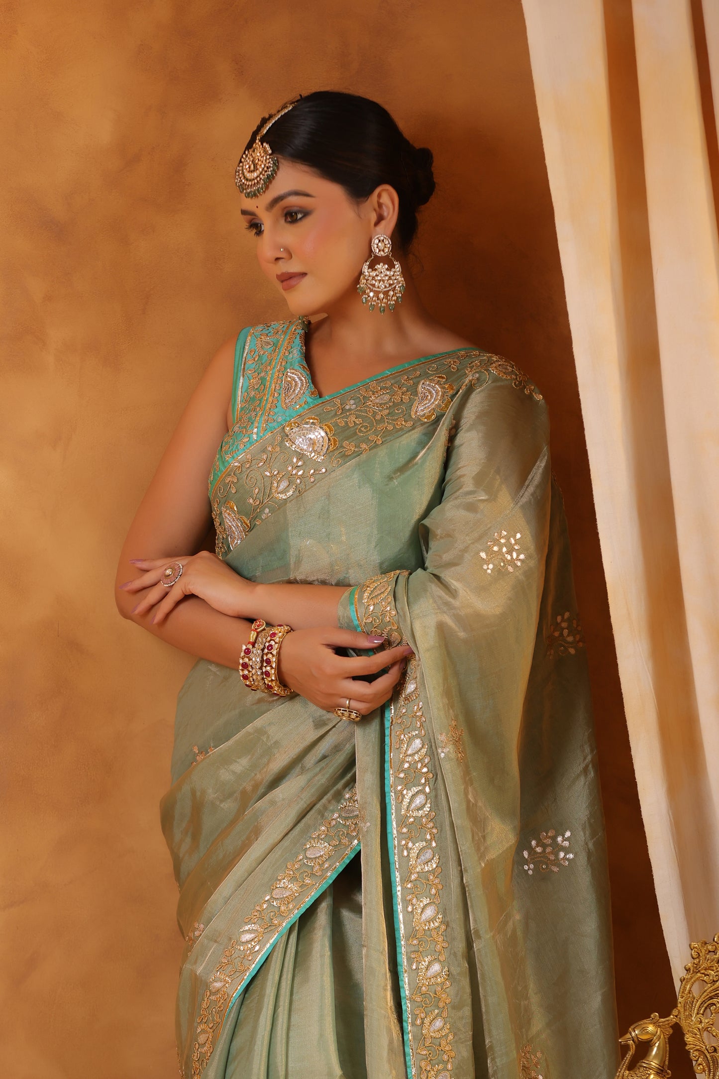 Aqua Katan Silk Tissue Saree Set