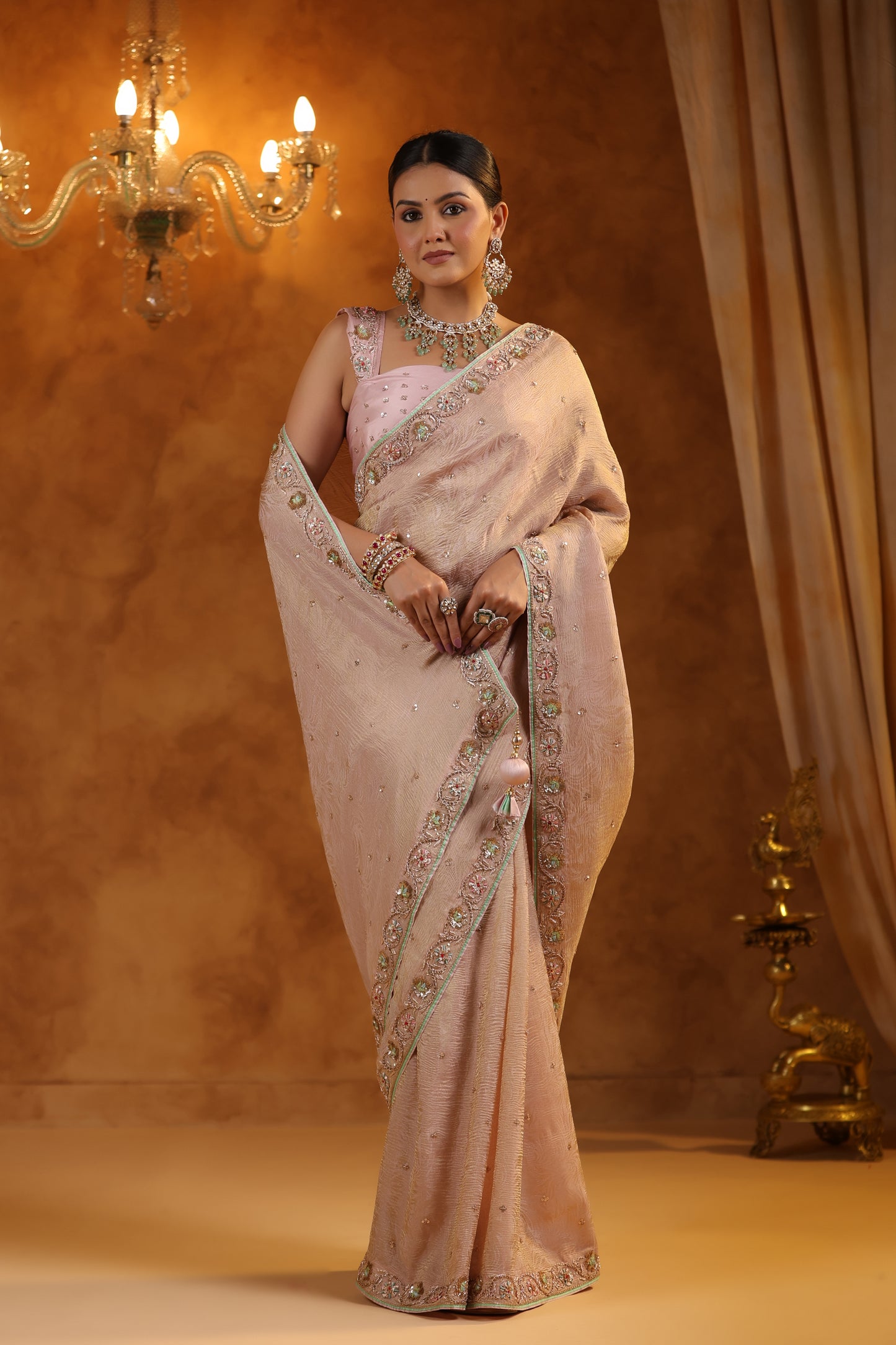 Gulabi Sona Jacquard Crush Tissue Saree Set