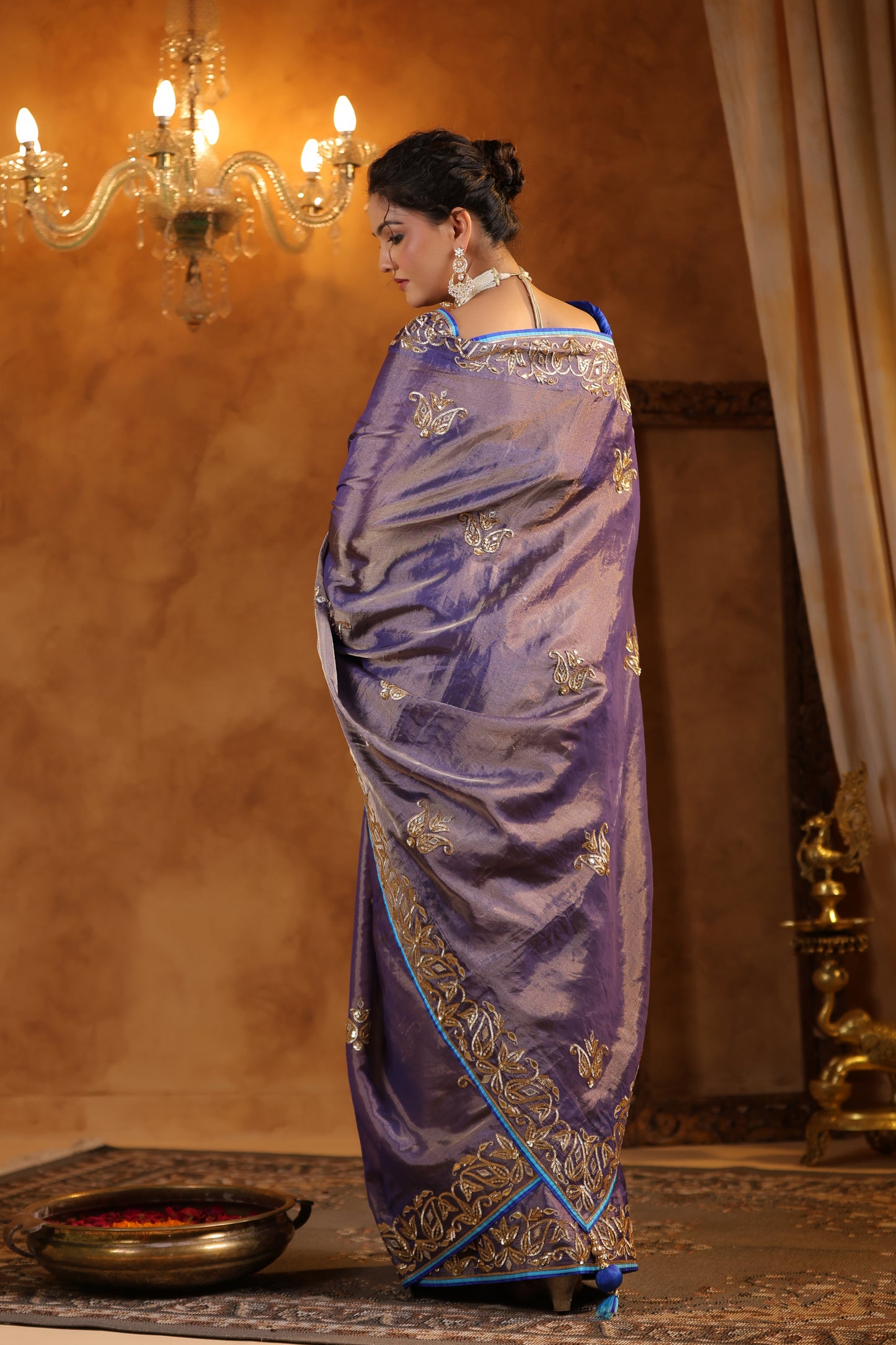 Violet Sapphire Bloom Katan Silk Tissue Saree Set