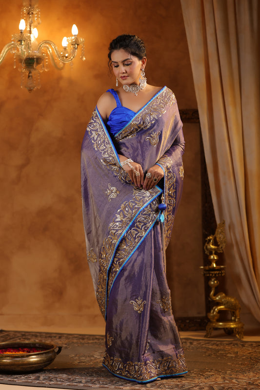 Violet Sapphire Bloom Katan Silk Tissue Saree Set