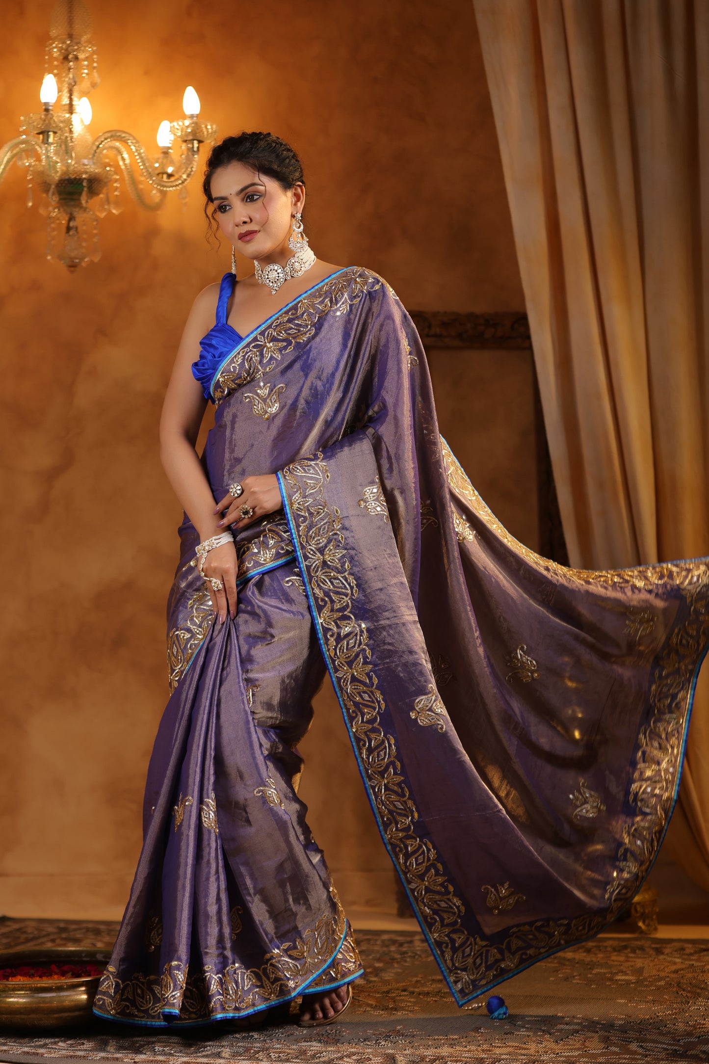 Violet Sapphire Bloom Katan Silk Tissue Saree Set