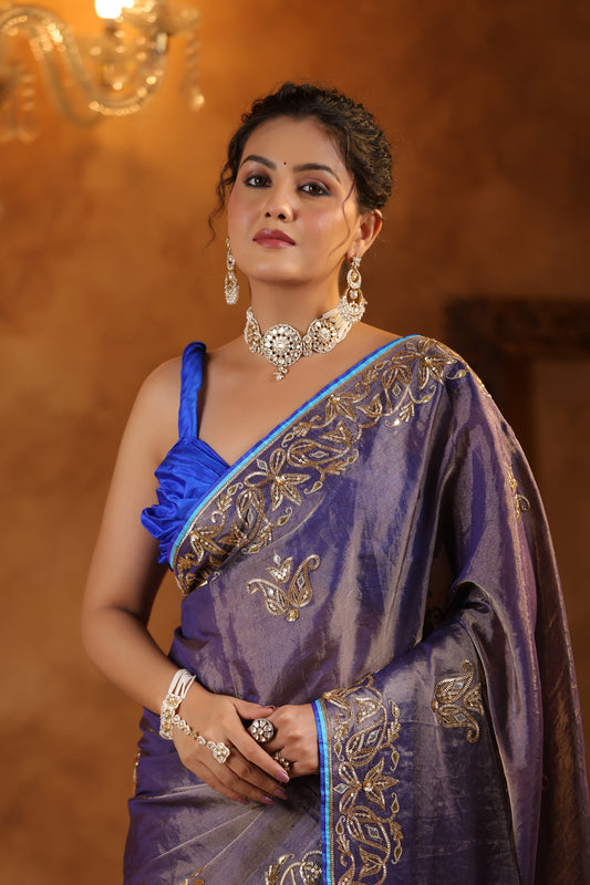 Violet Sapphire Bloom Katan Silk Tissue Saree Set