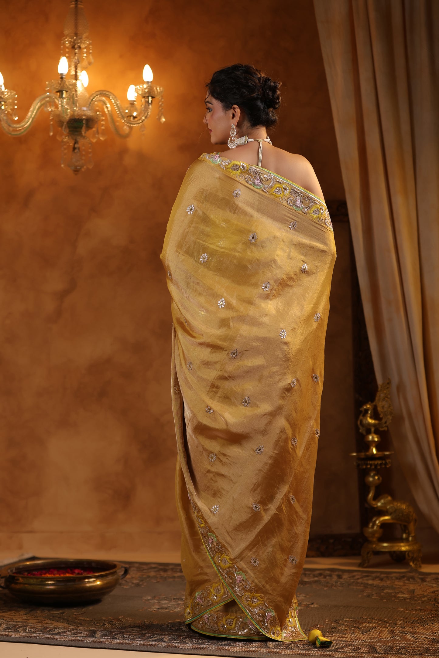 Golden Katan Tissue Silk Saree Set