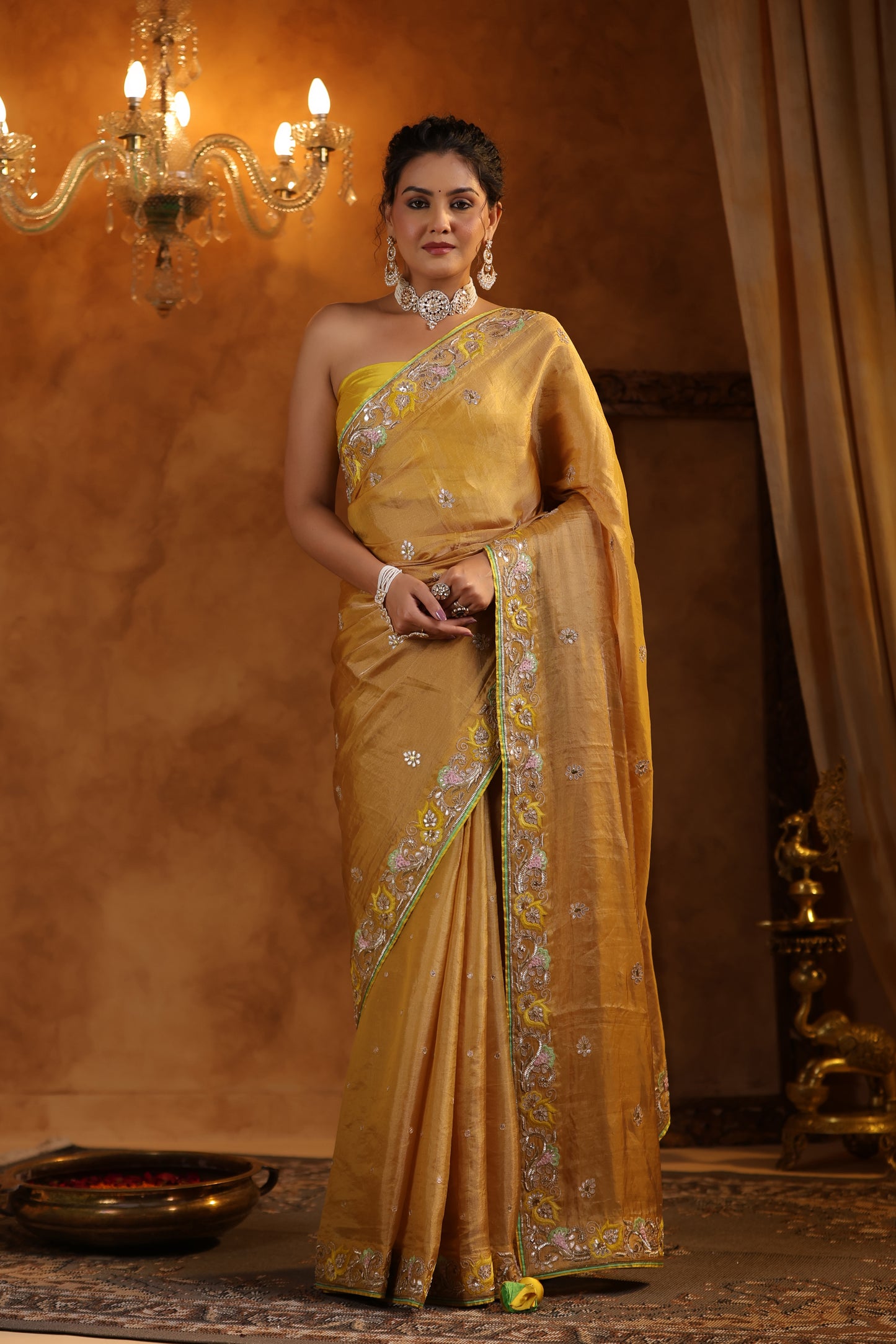 Golden Katan Tissue Silk Saree Set