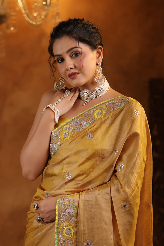 Golden Katan Tissue Silk Saree Set