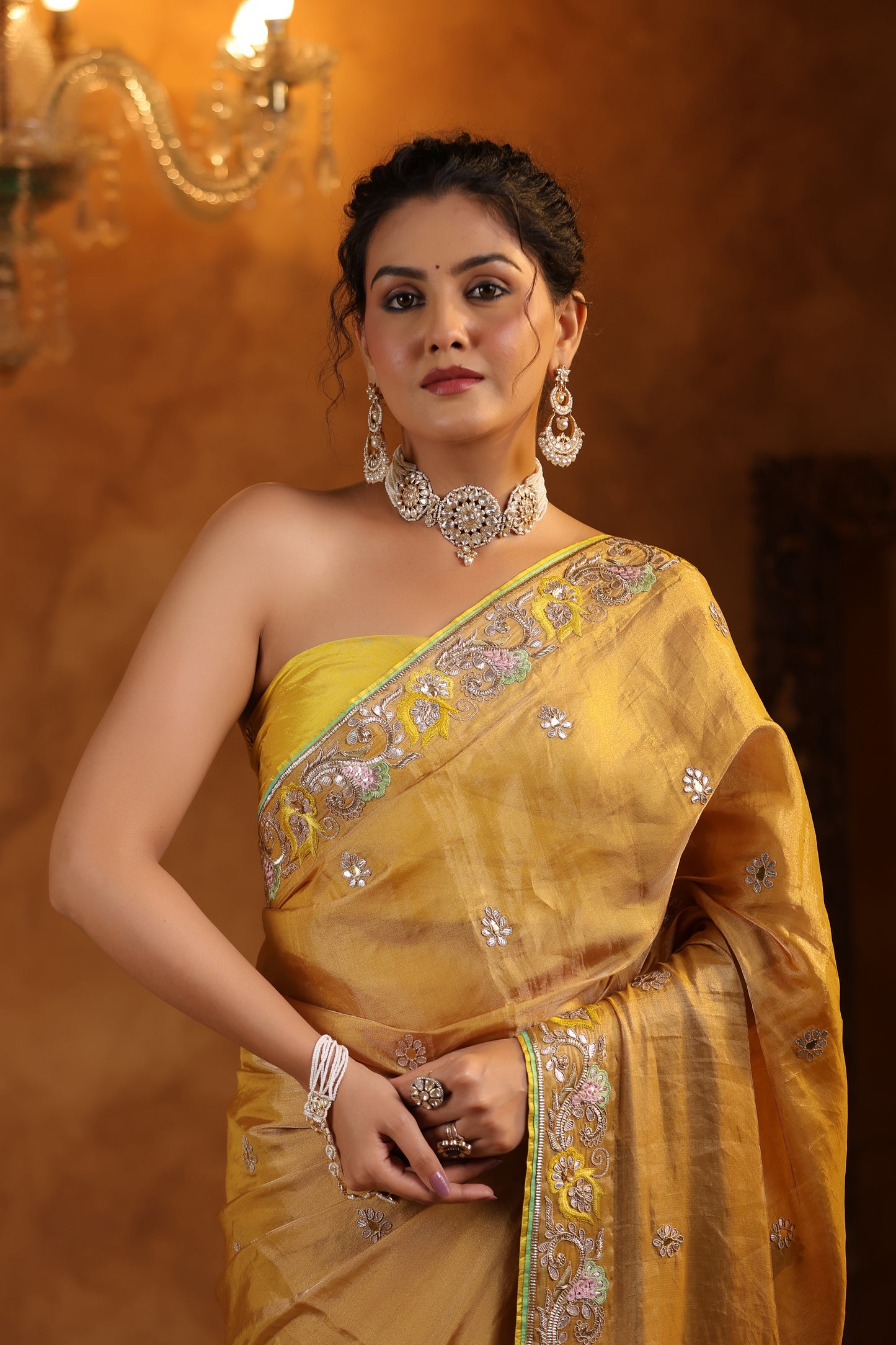 Golden Katan Tissue Silk Saree Set