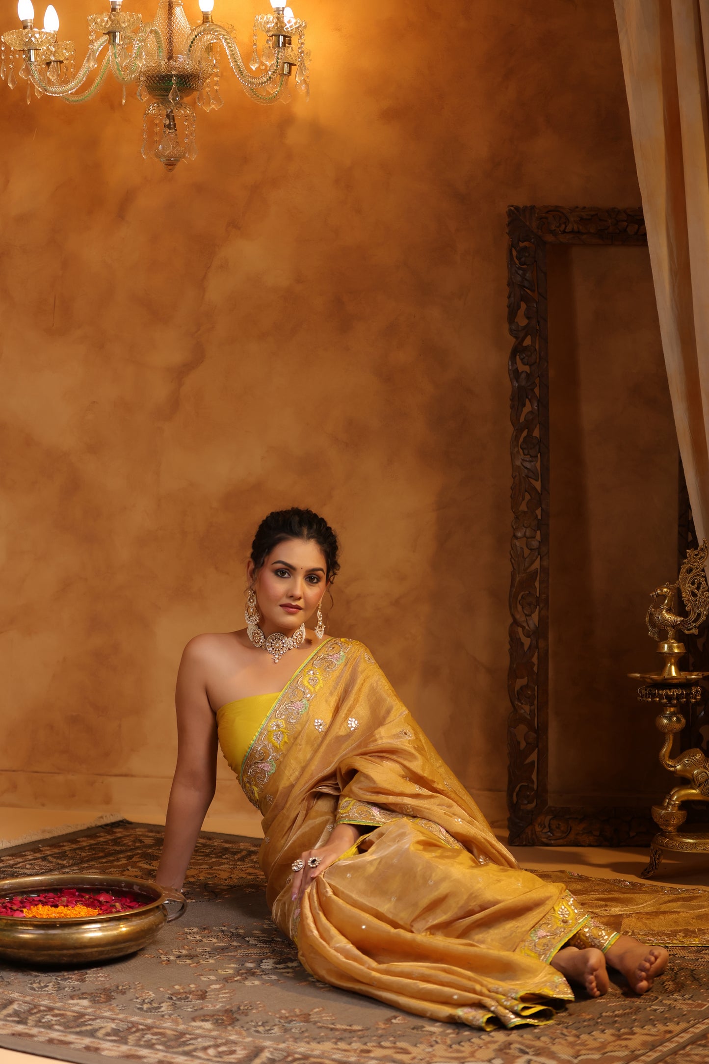 Golden Katan Tissue Silk Saree Set