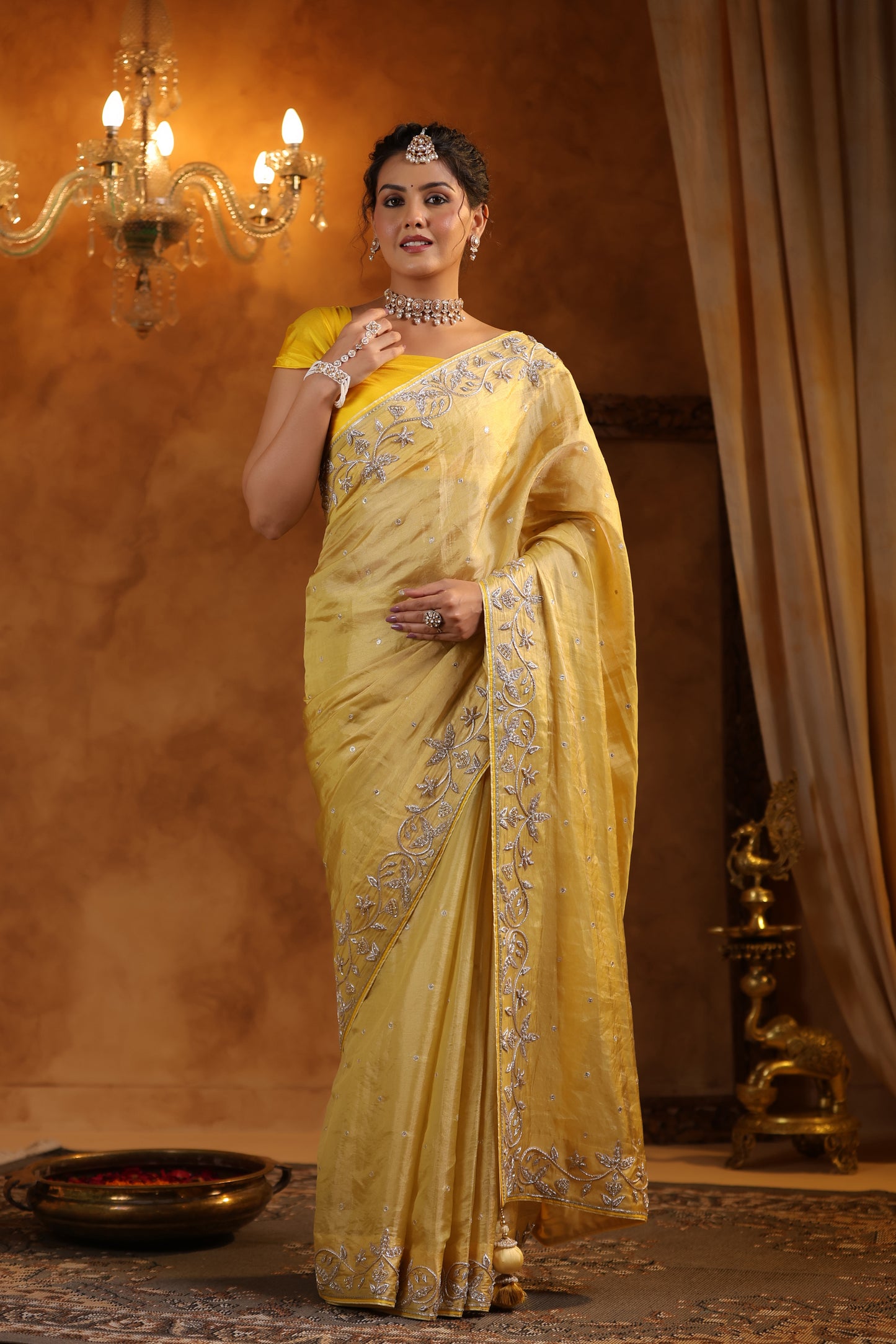 Yellow Katan Silk Tissue Saree