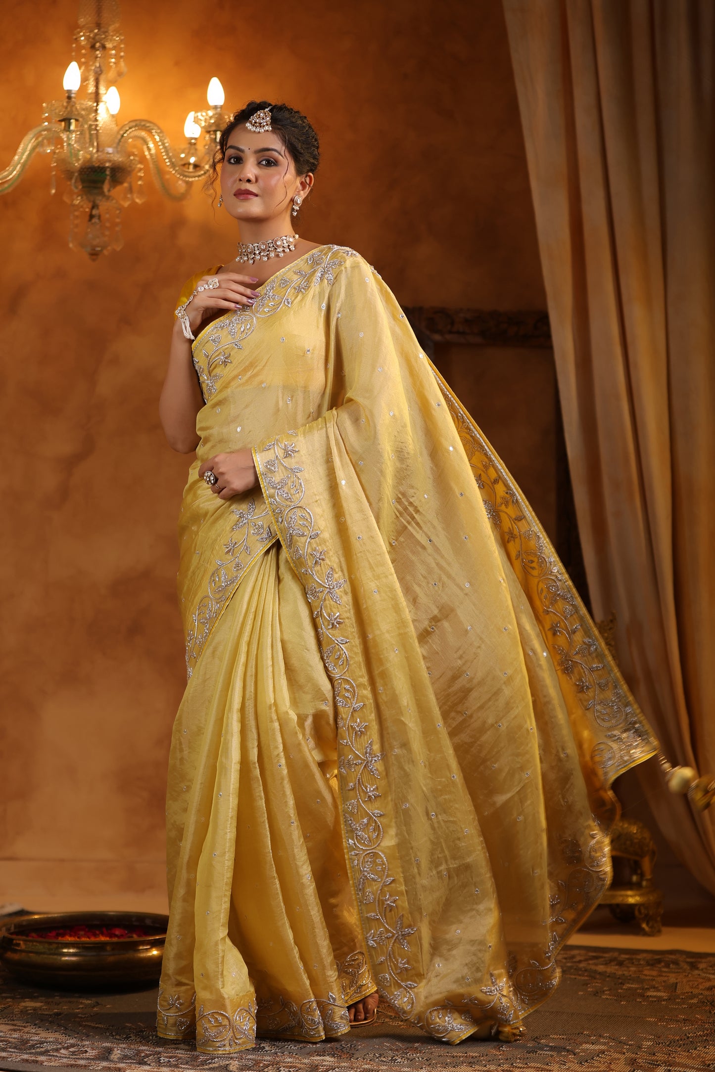 Yellow Katan Silk Tissue Saree