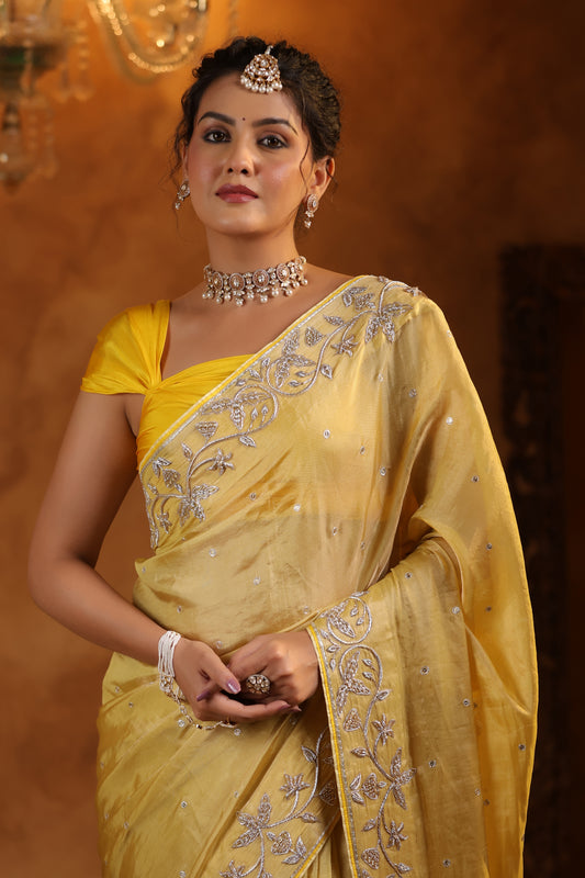 Yellow Katan Silk Tissue Saree