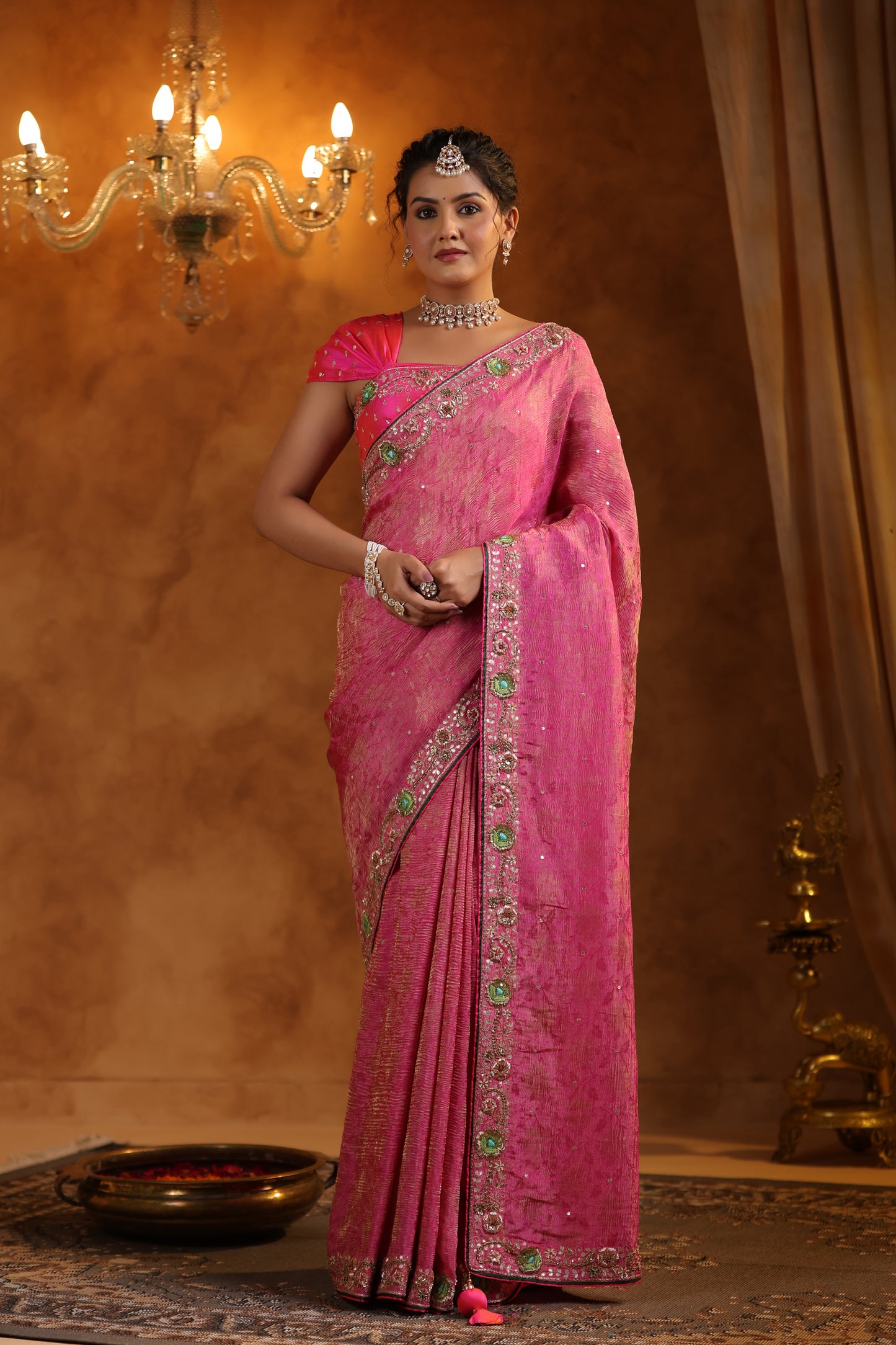 Petal Pink Jacquard Crush Tissue Saree