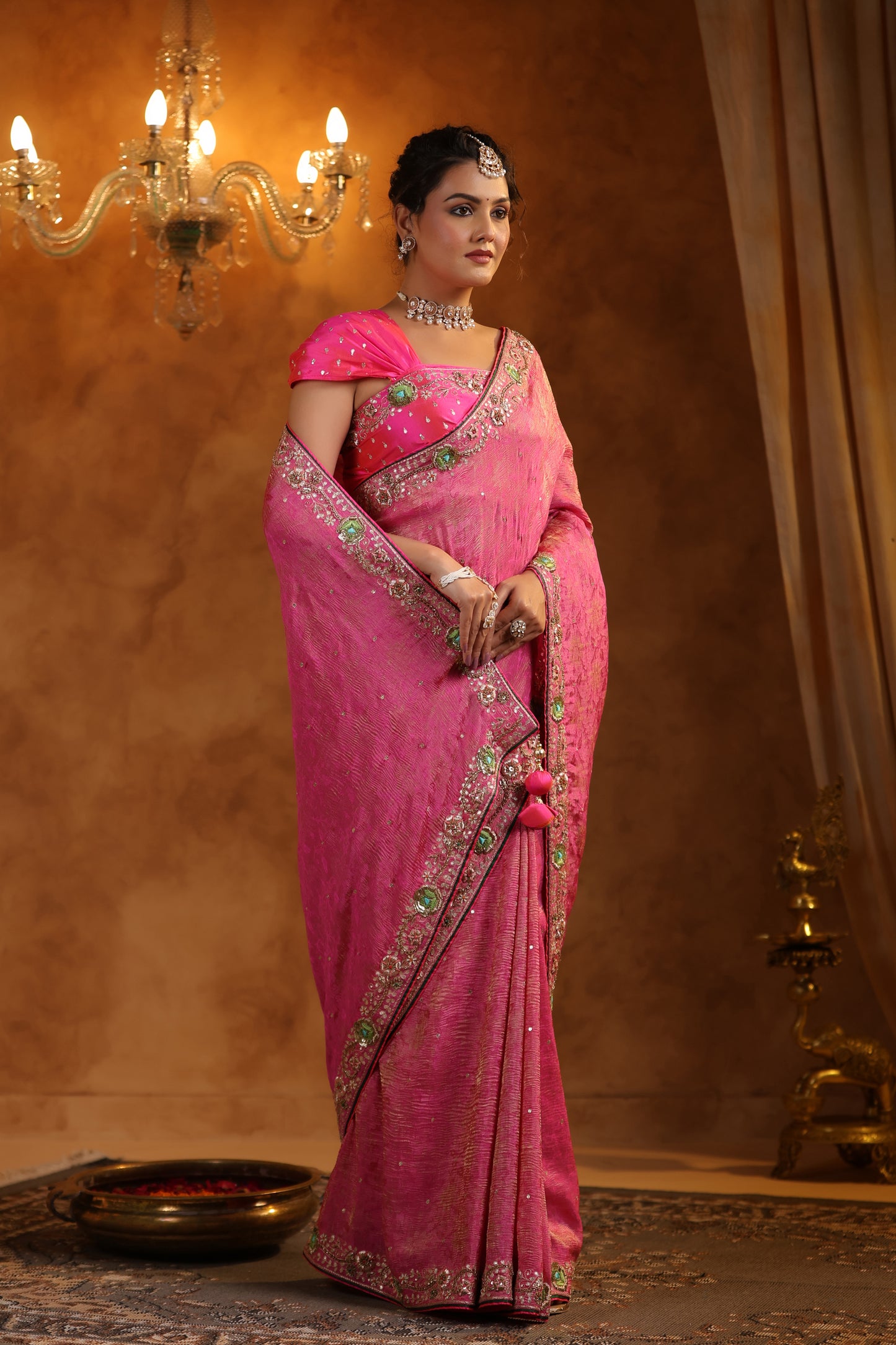 Petal Pink Jacquard Crush Tissue Saree