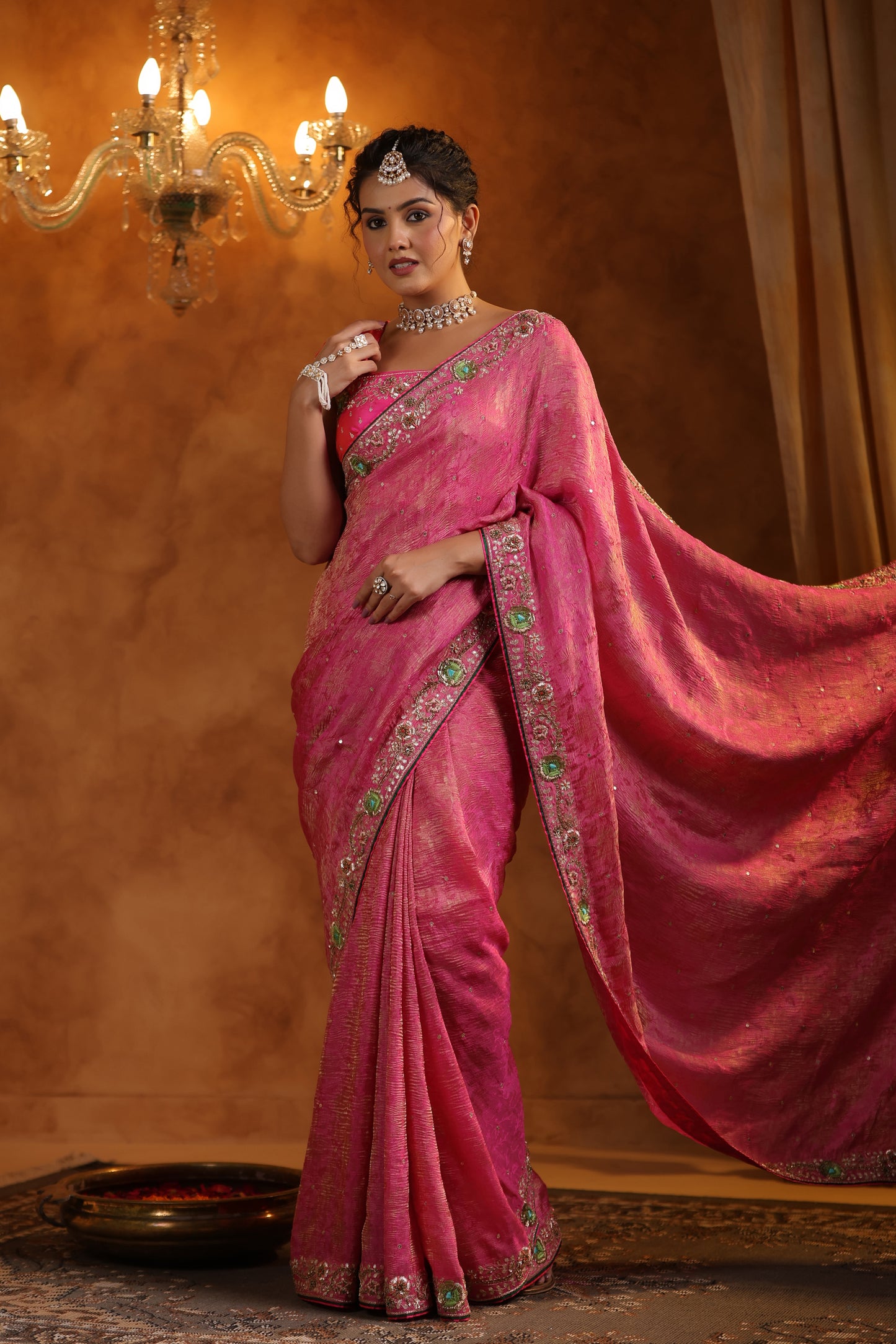 Petal Pink Jacquard Crush Tissue Saree