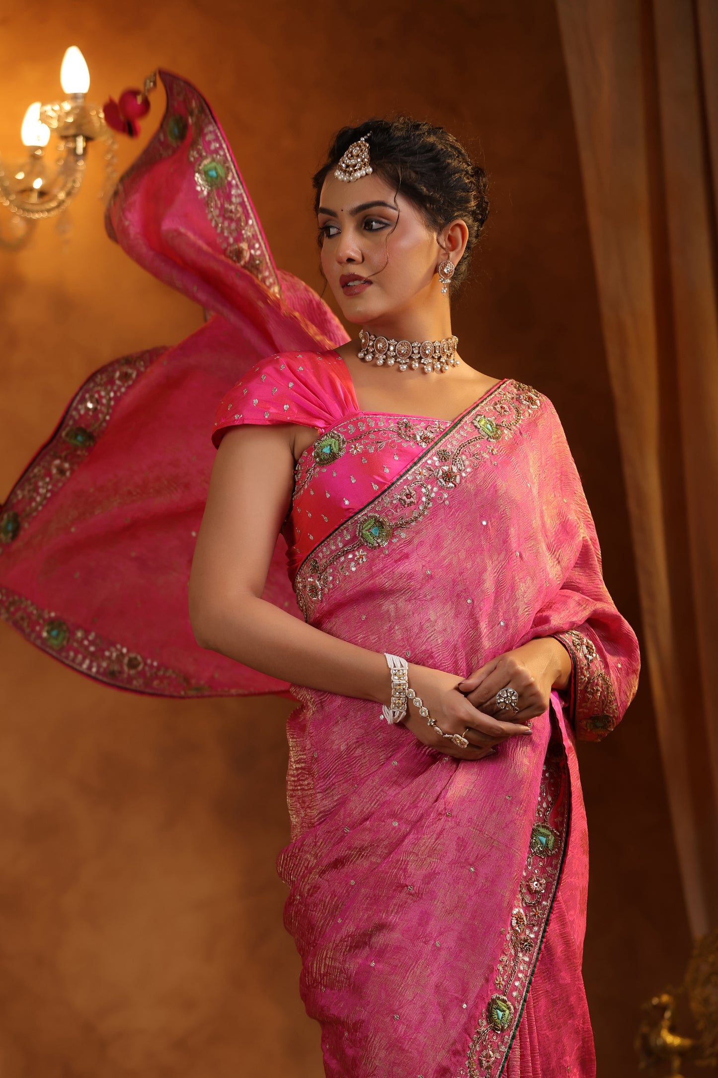 Petal Pink Jacquard Crush Tissue Saree