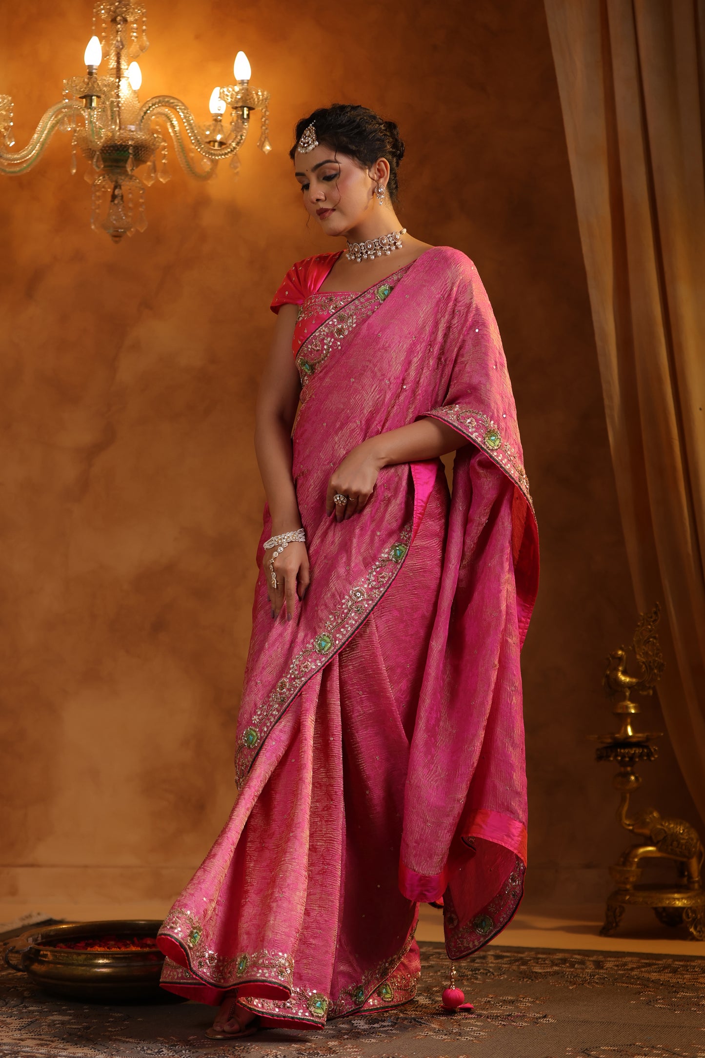 Petal Pink Jacquard Crush Tissue Saree